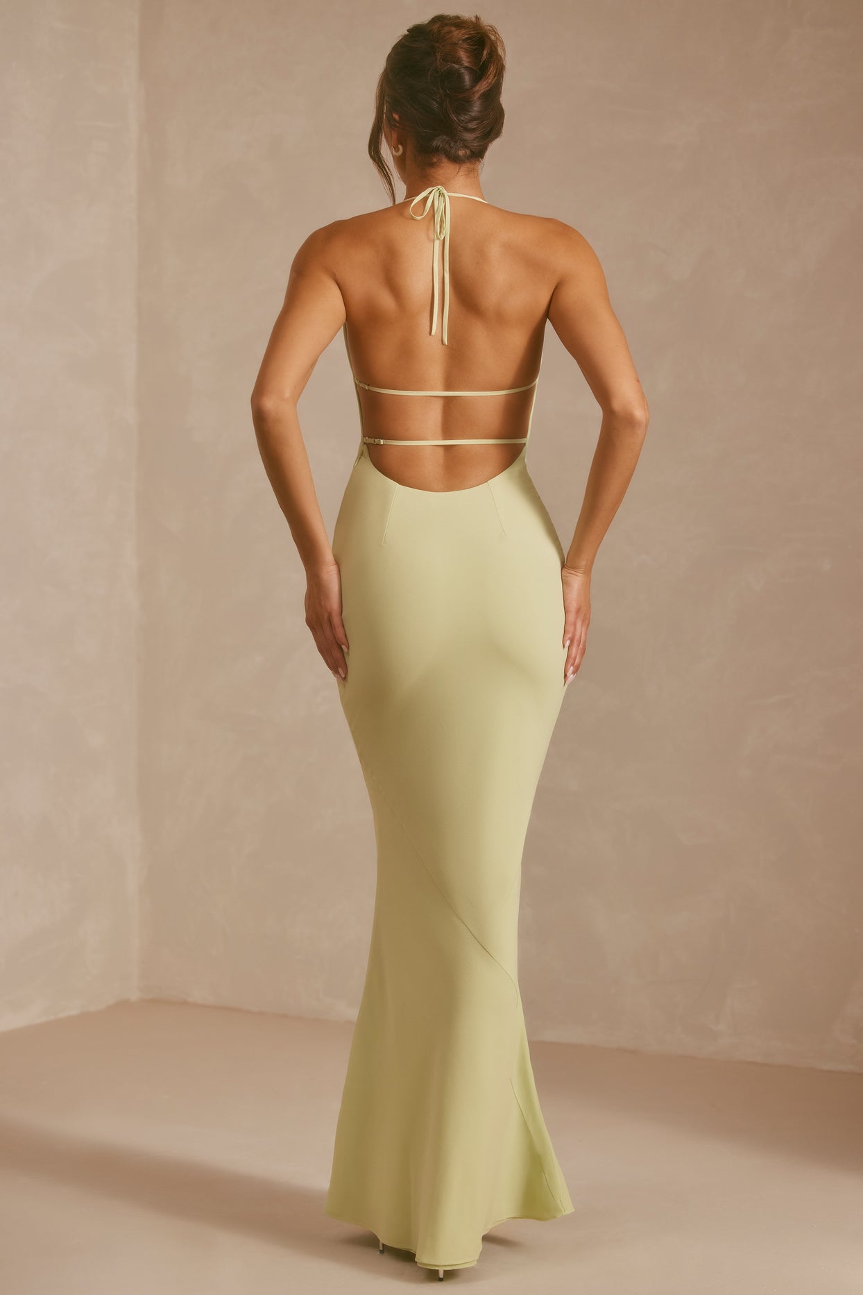 Georgette Cowl Neck Bias Cut Evening Gown in Pistachio