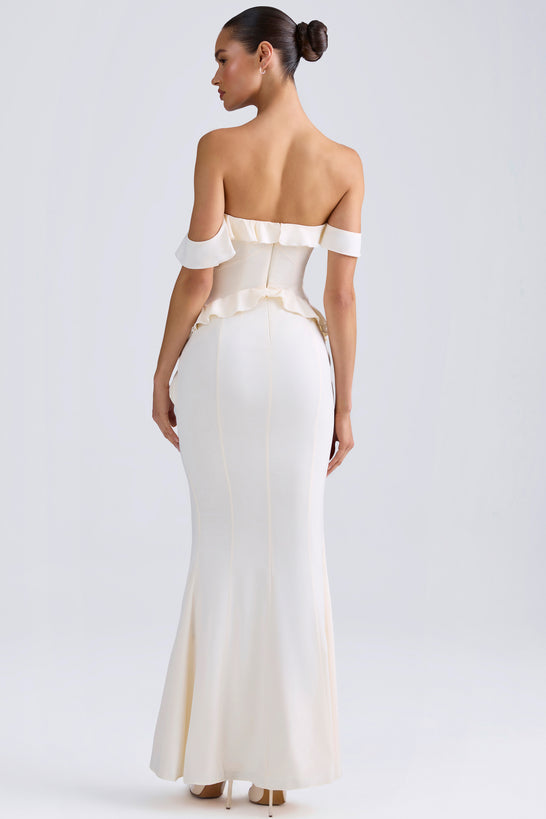 Off-Shoulder Ruffle-Trim Gown in Ivory