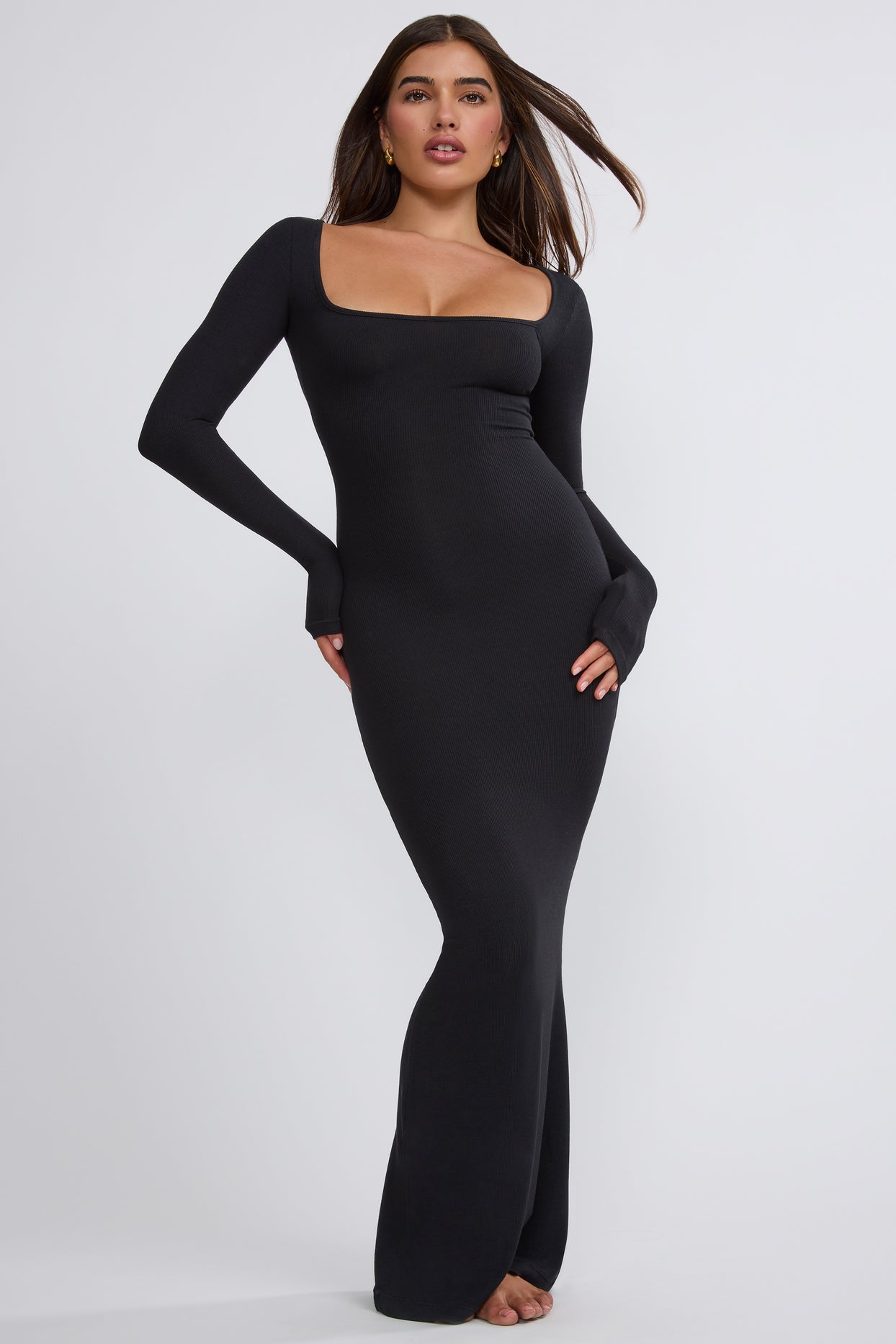 Jude Ribbed Modal Square Neck Long Sleeve Maxi Dress in Black | Oh Polly