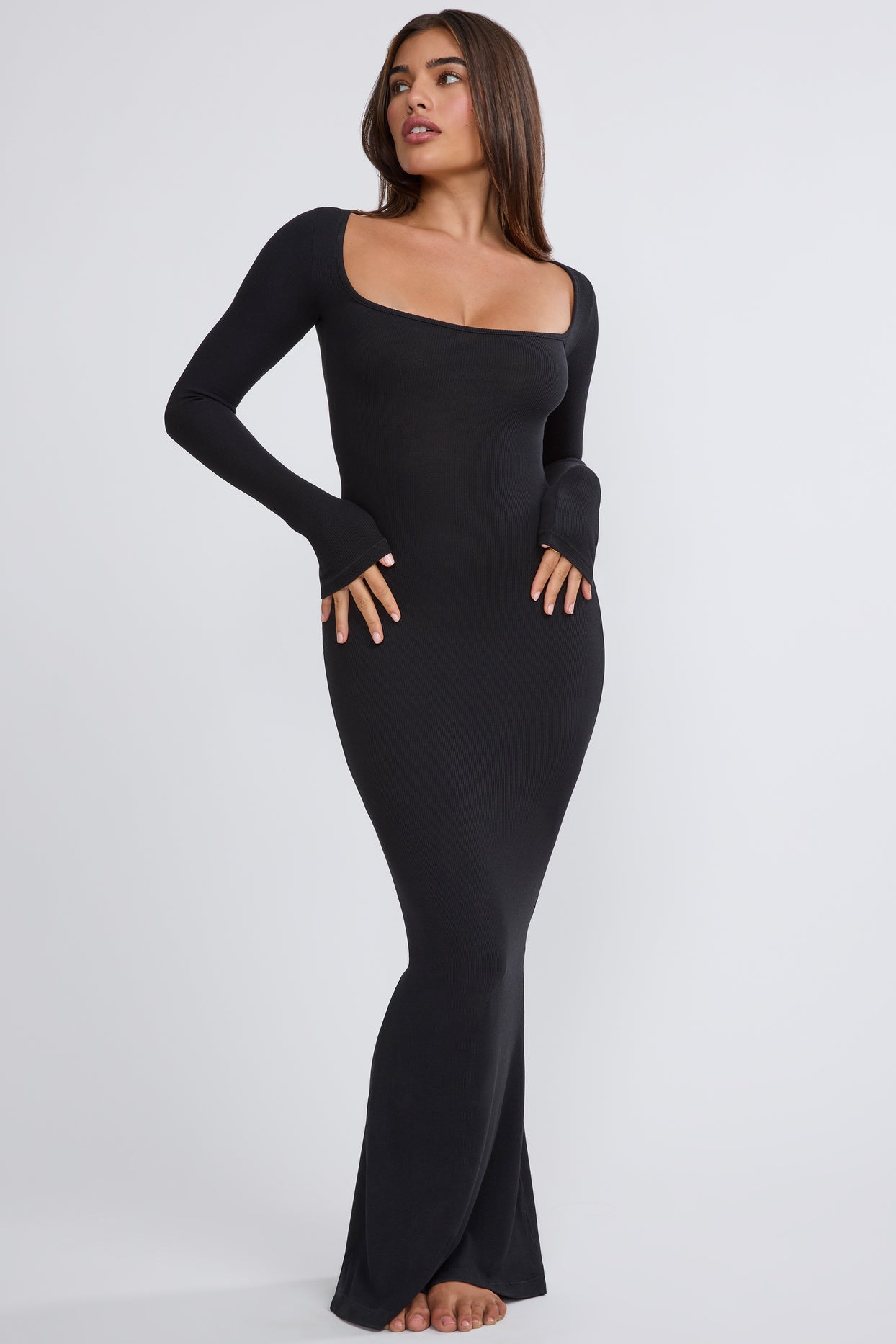 Jude Ribbed Modal Square Neck Long Sleeve Maxi Dress in Black | Oh Polly