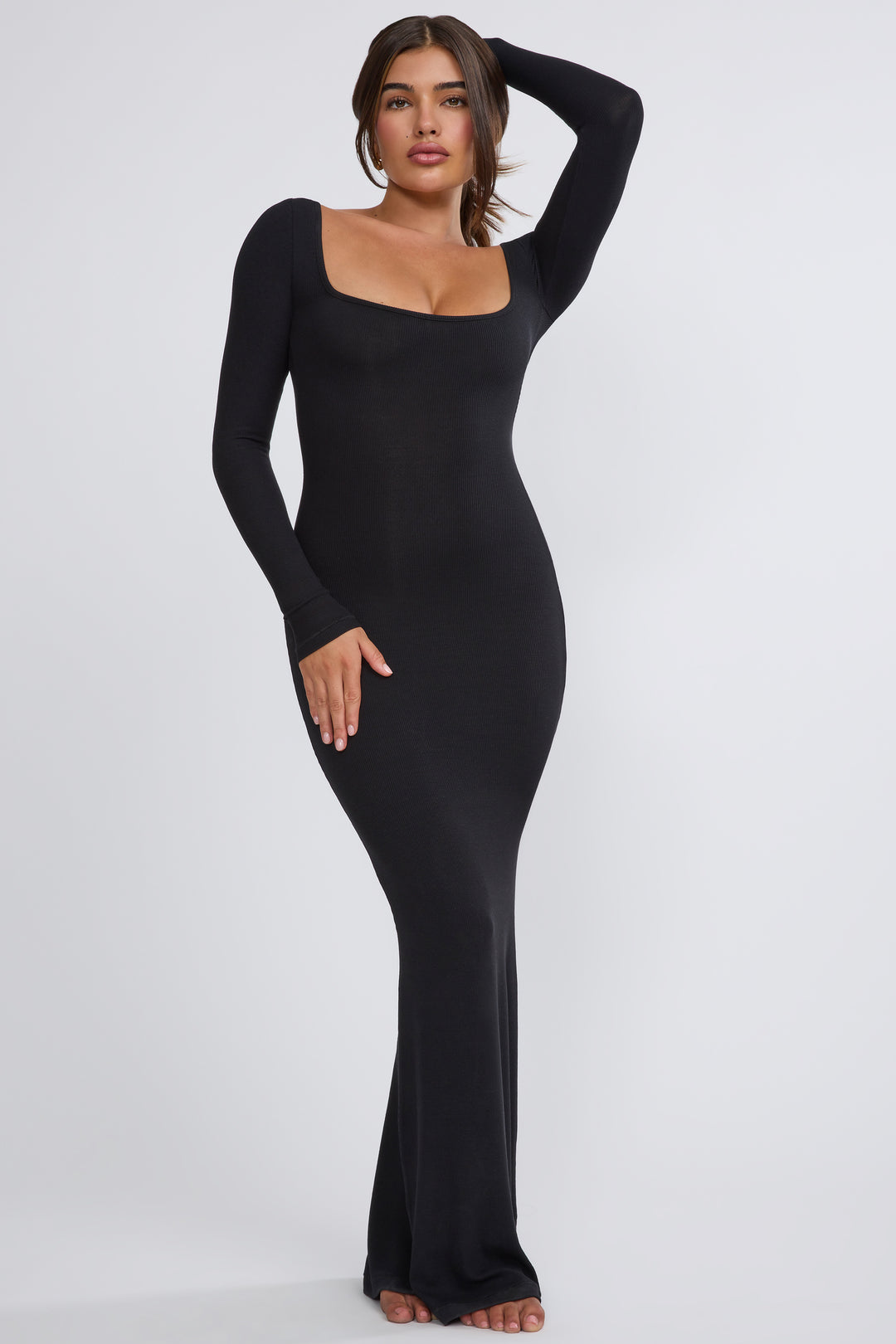 Jude Ribbed Modal Square Neck Long Sleeve Maxi Dress in Black | Oh Polly