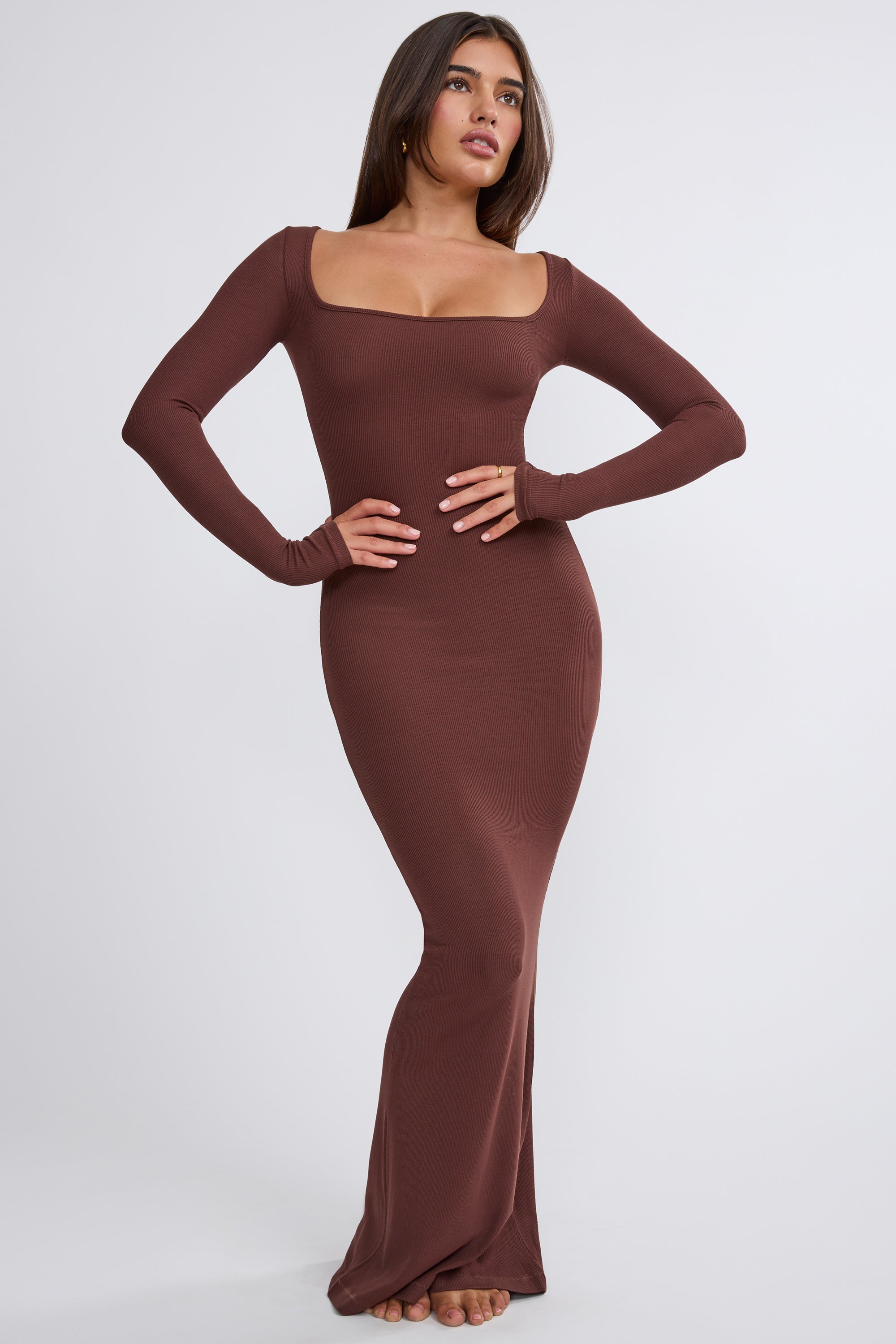 Jude Ribbed Modal Square Neck Long Sleeve Maxi Dress In Chocolate Oh Polly 6477