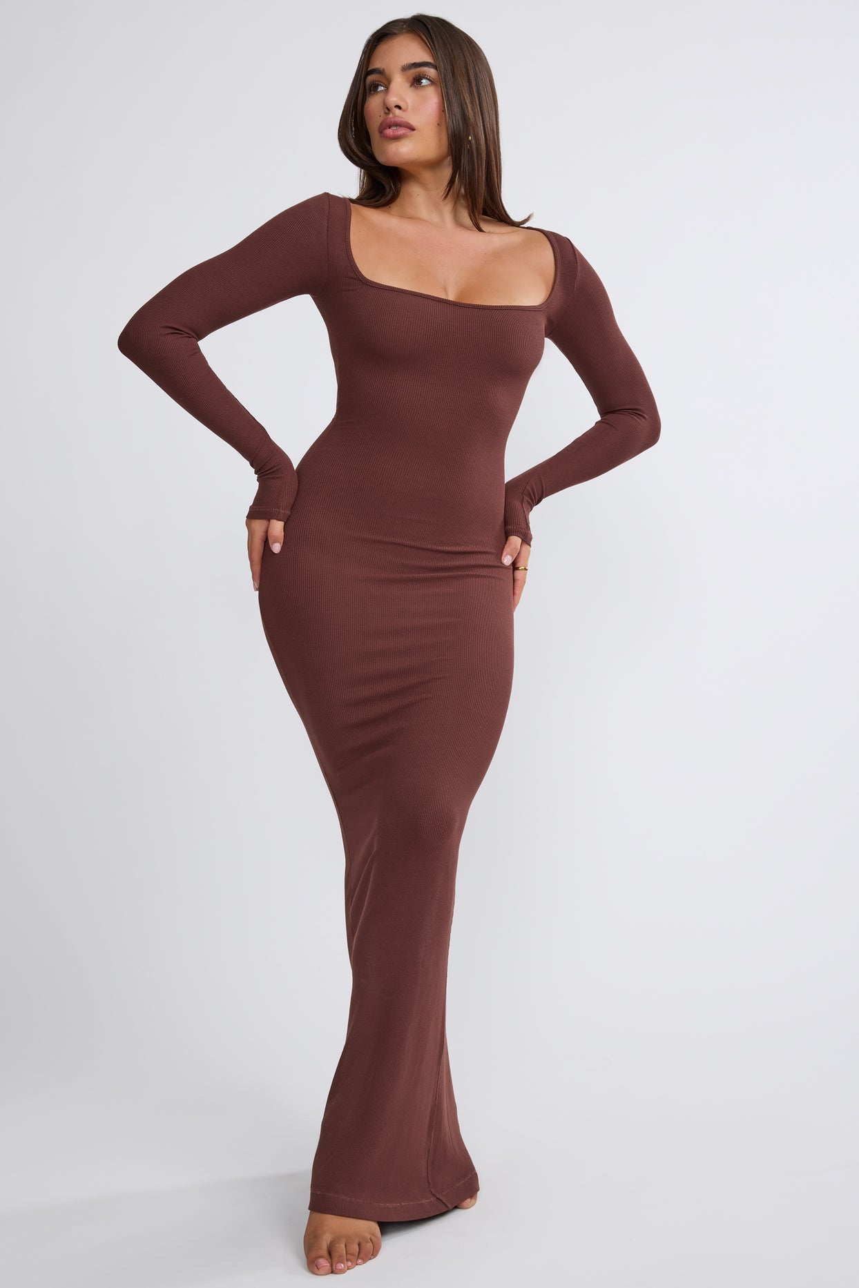 Jude Ribbed Modal Square Neck Long Sleeve Maxi Dress in Chocolate | Oh ...