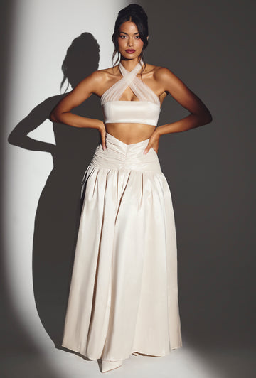 Daphne Woven Twill Voluminous Maxi Skirt in Ivory | Oh Polly