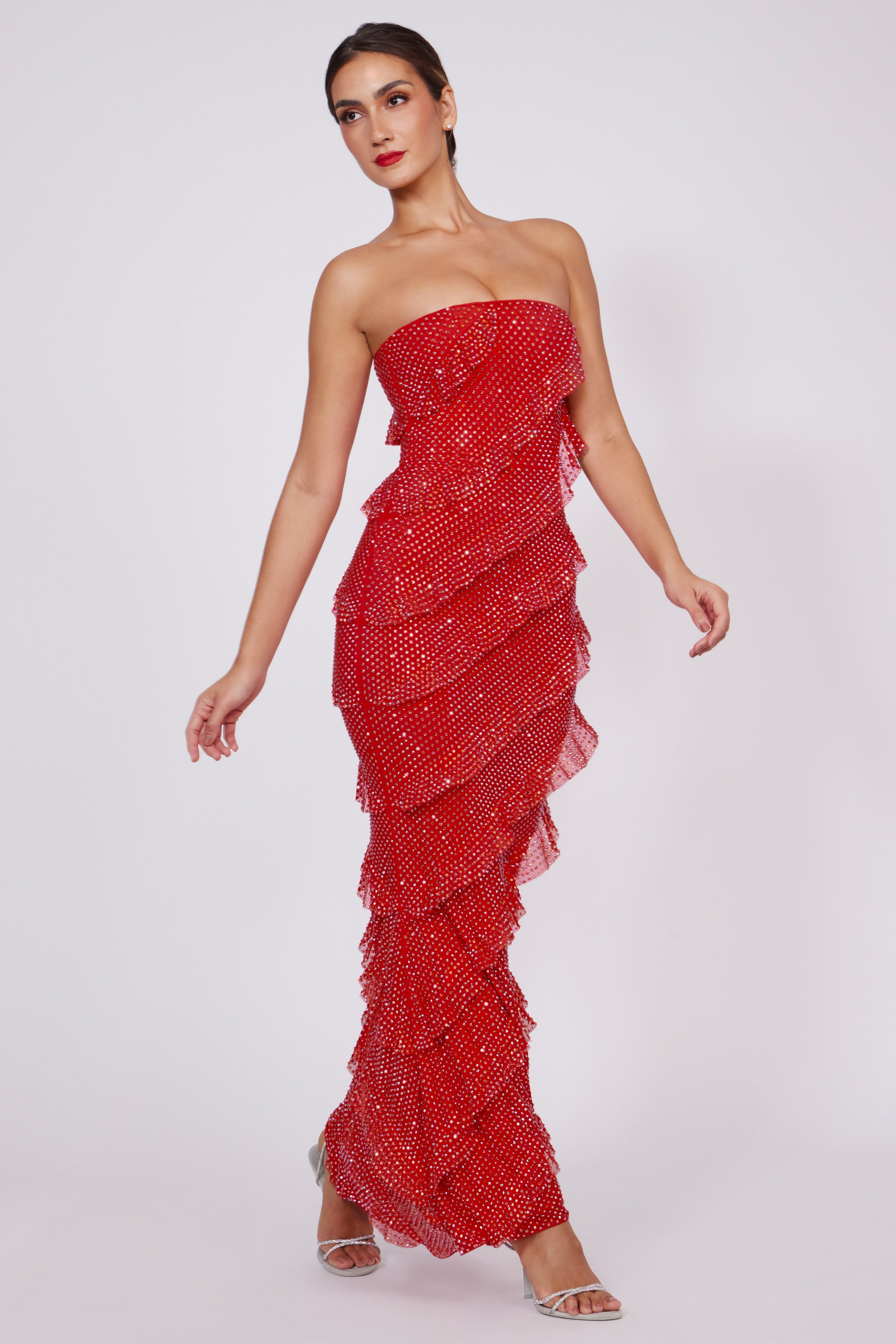 Dulce Embellished Strapless Ruffle Maxi Dress in Fire Red | Oh Polly