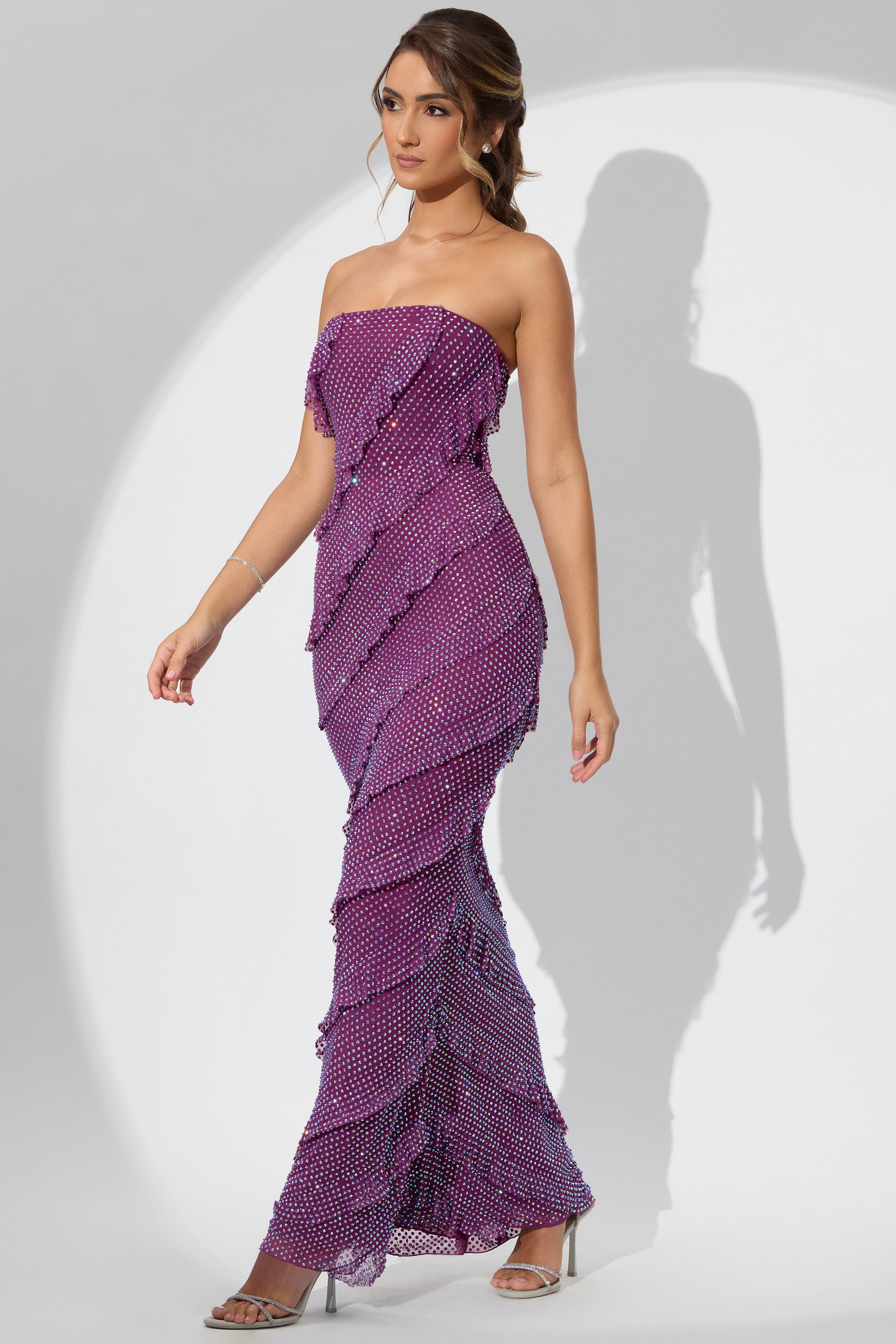 Dulce Embellished Strapless Ruffle Maxi Dress in Plum Oh Polly