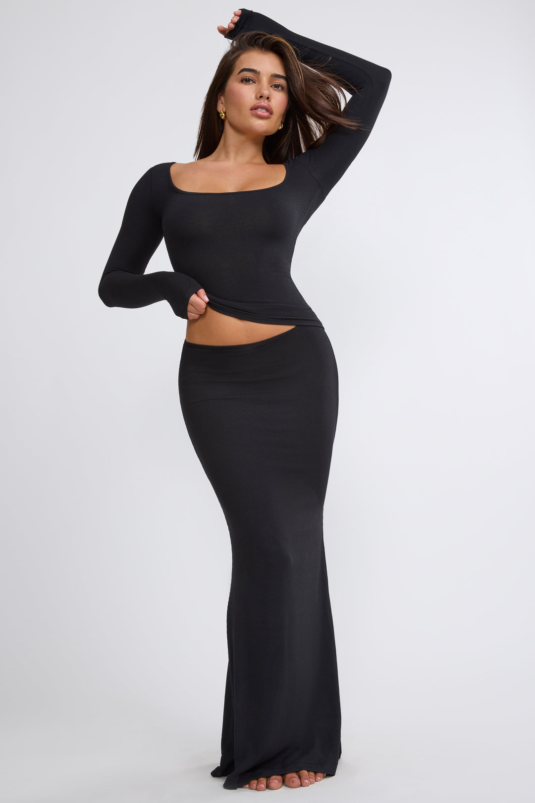 Mona Ribbed Modal Mid Rise Maxi Skirt in Black | Oh Polly