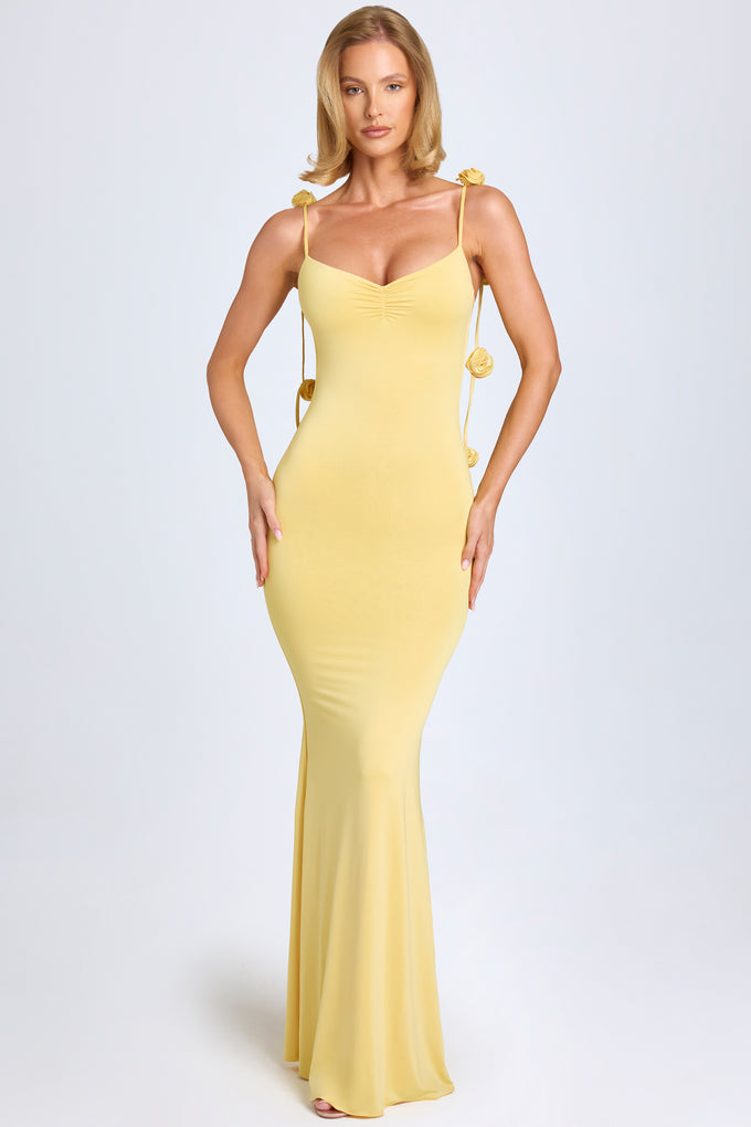 Slinky Jersey Floral-Appliqué Gown in Pastel Yellow