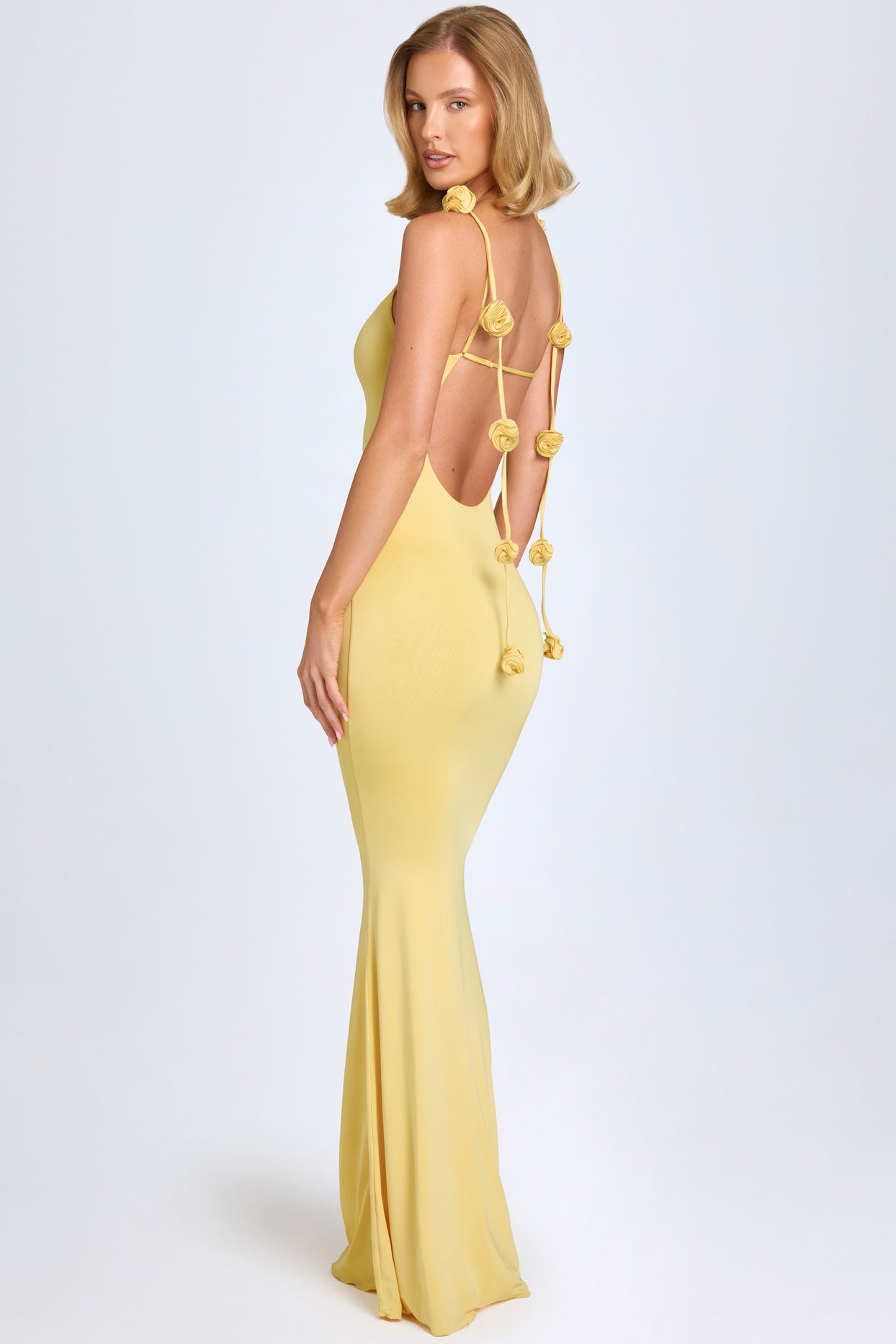 Slinky Jersey Floral-Appliqué Gown in Pastel Yellow
