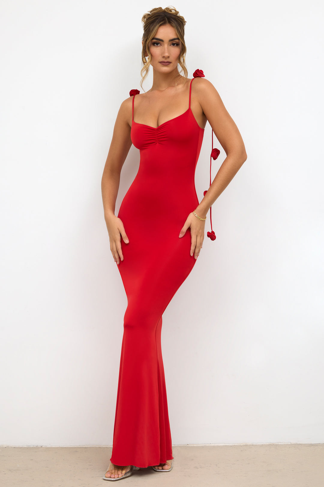 Aldona Slinky Jersey Backless Rose Detail Evening Gown in Scarlet Red ...