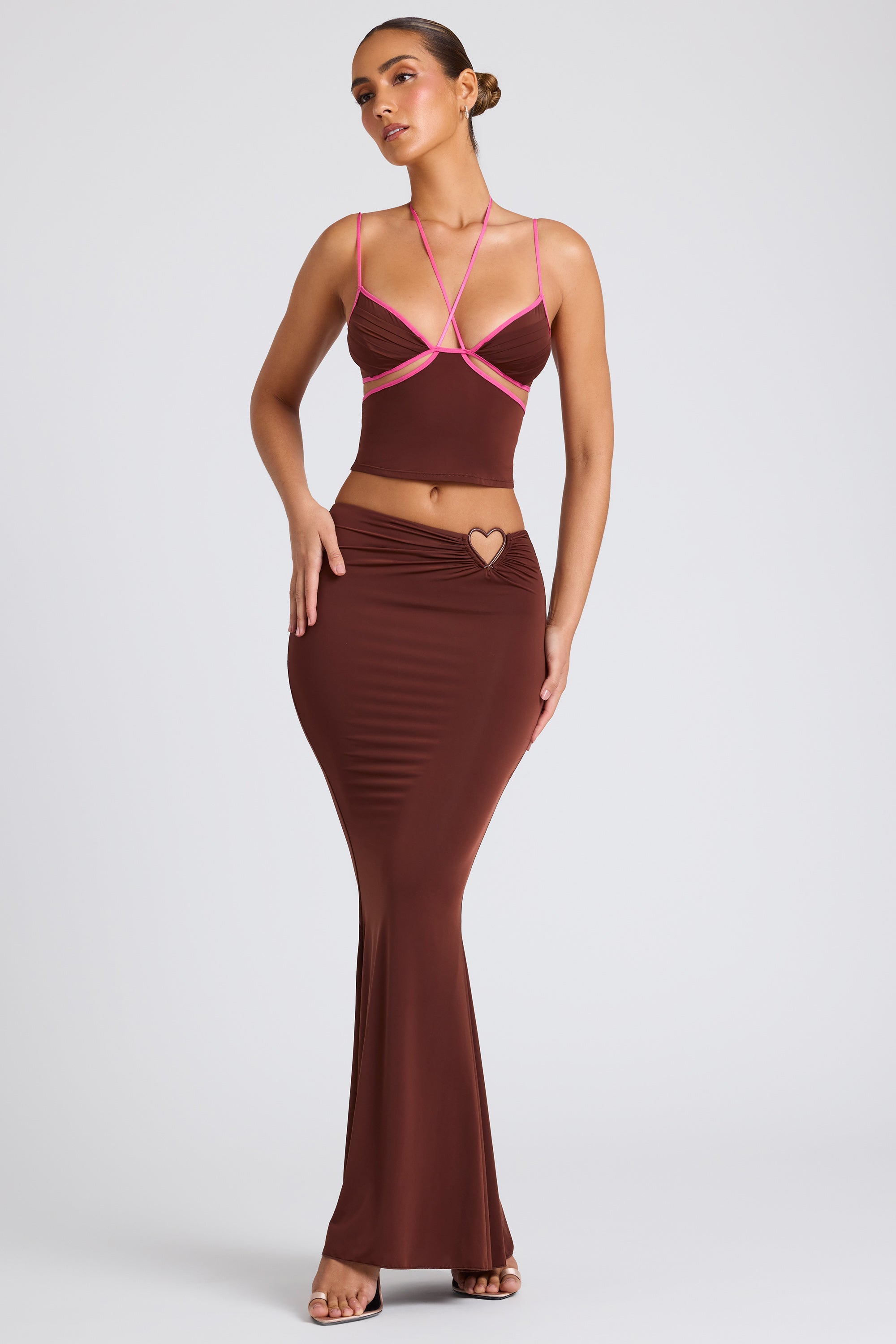 Jupe longue taille moyenne en marron chocolat