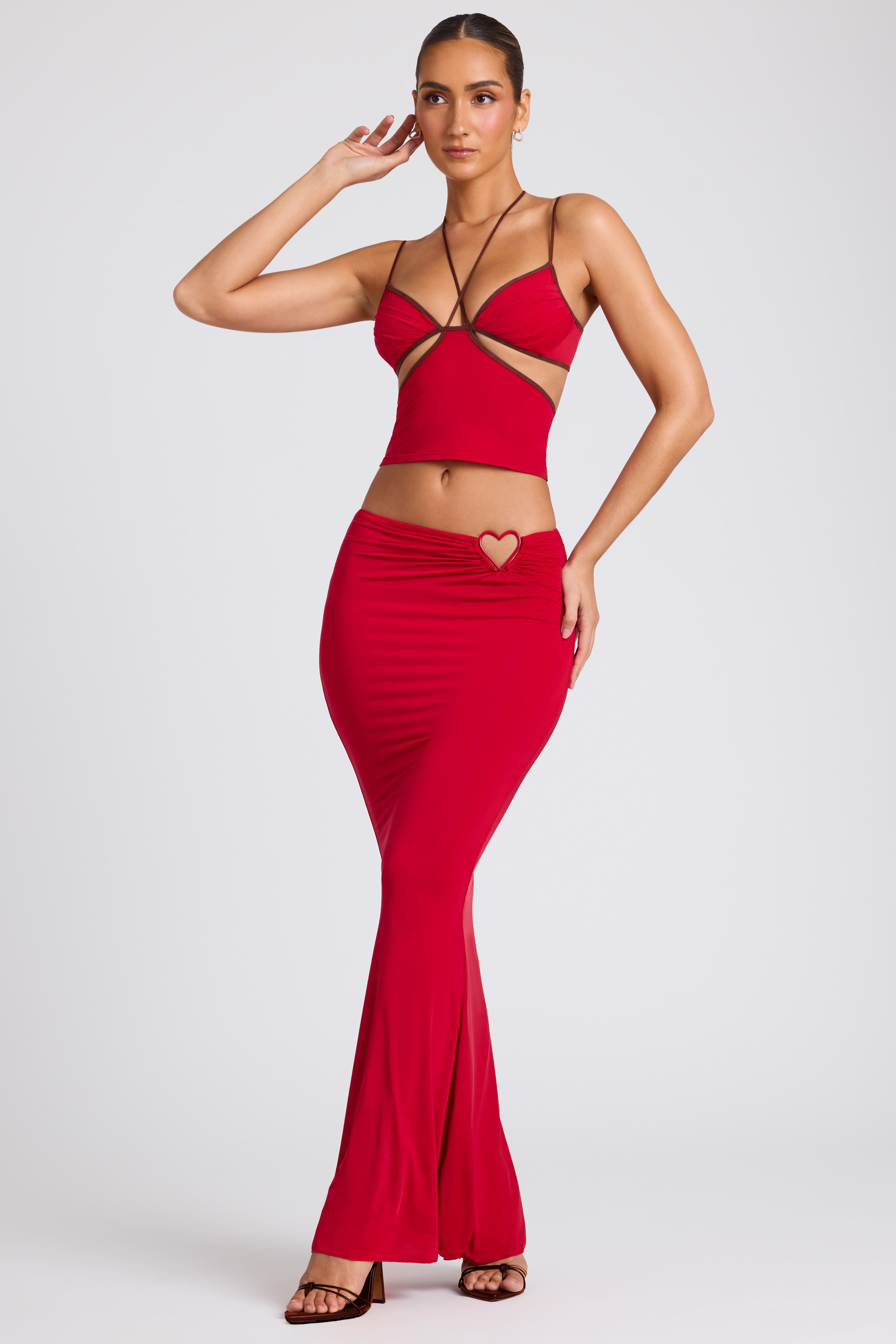 Sabine Mid Rise Maxi Skirt in Fire Red Oh Polly