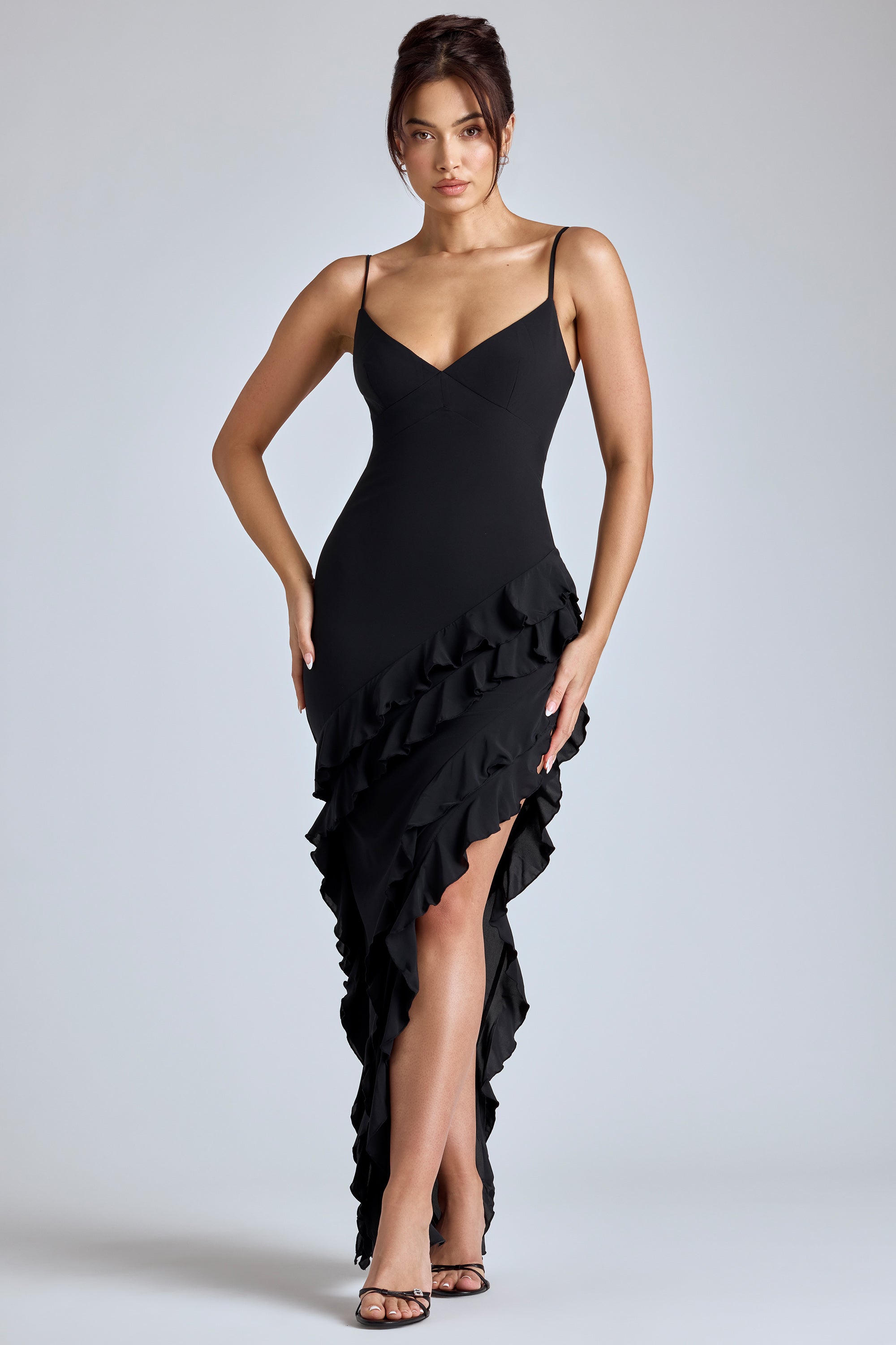 Panelled Ruffle Evening Gown in Black