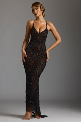 Giorgia Hand Embellished Sheer Evening Gown in Black | Oh Polly