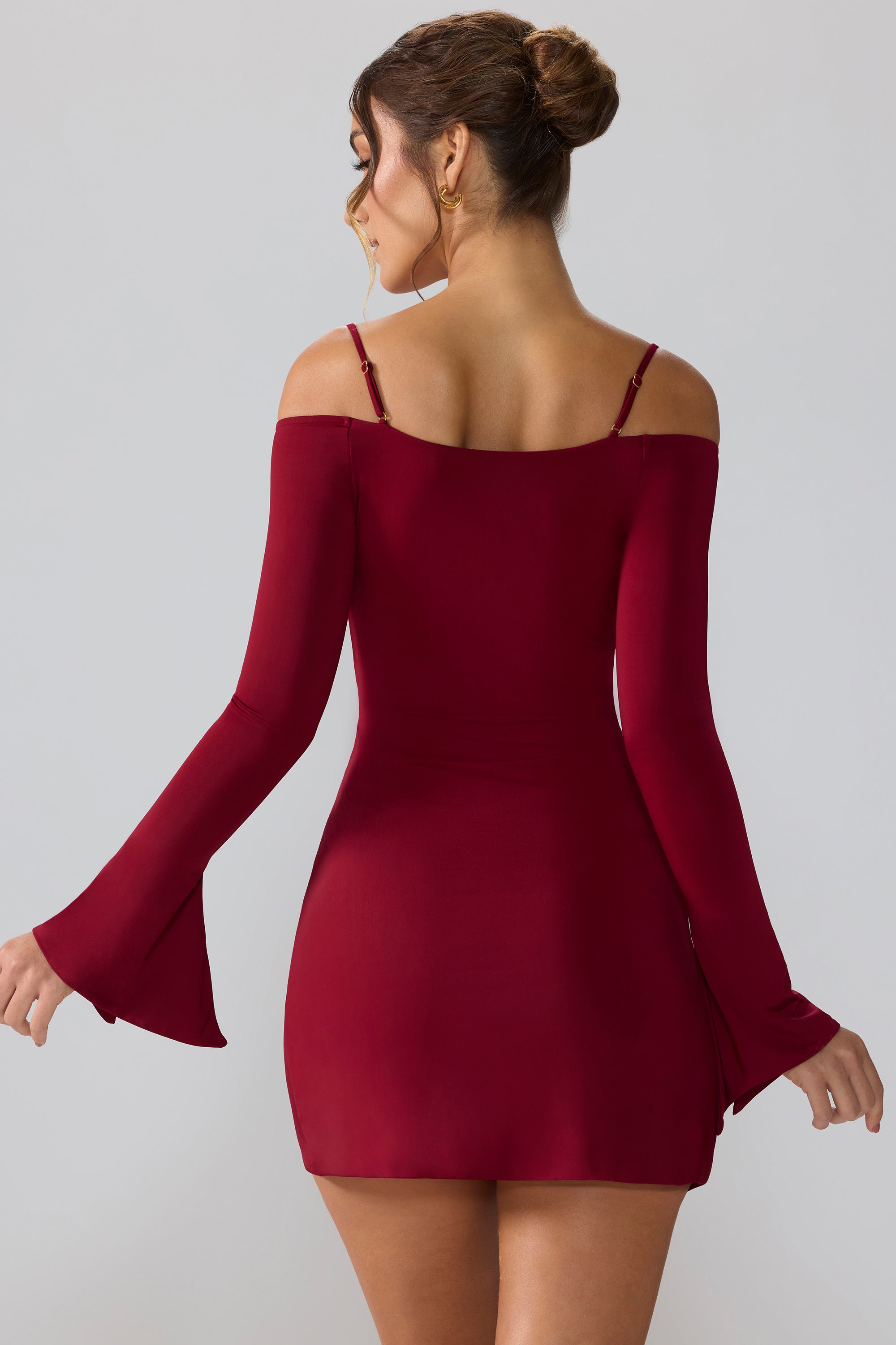 Slinky Jersey Long Sleeve Cut Out Mini Dress in Ruby