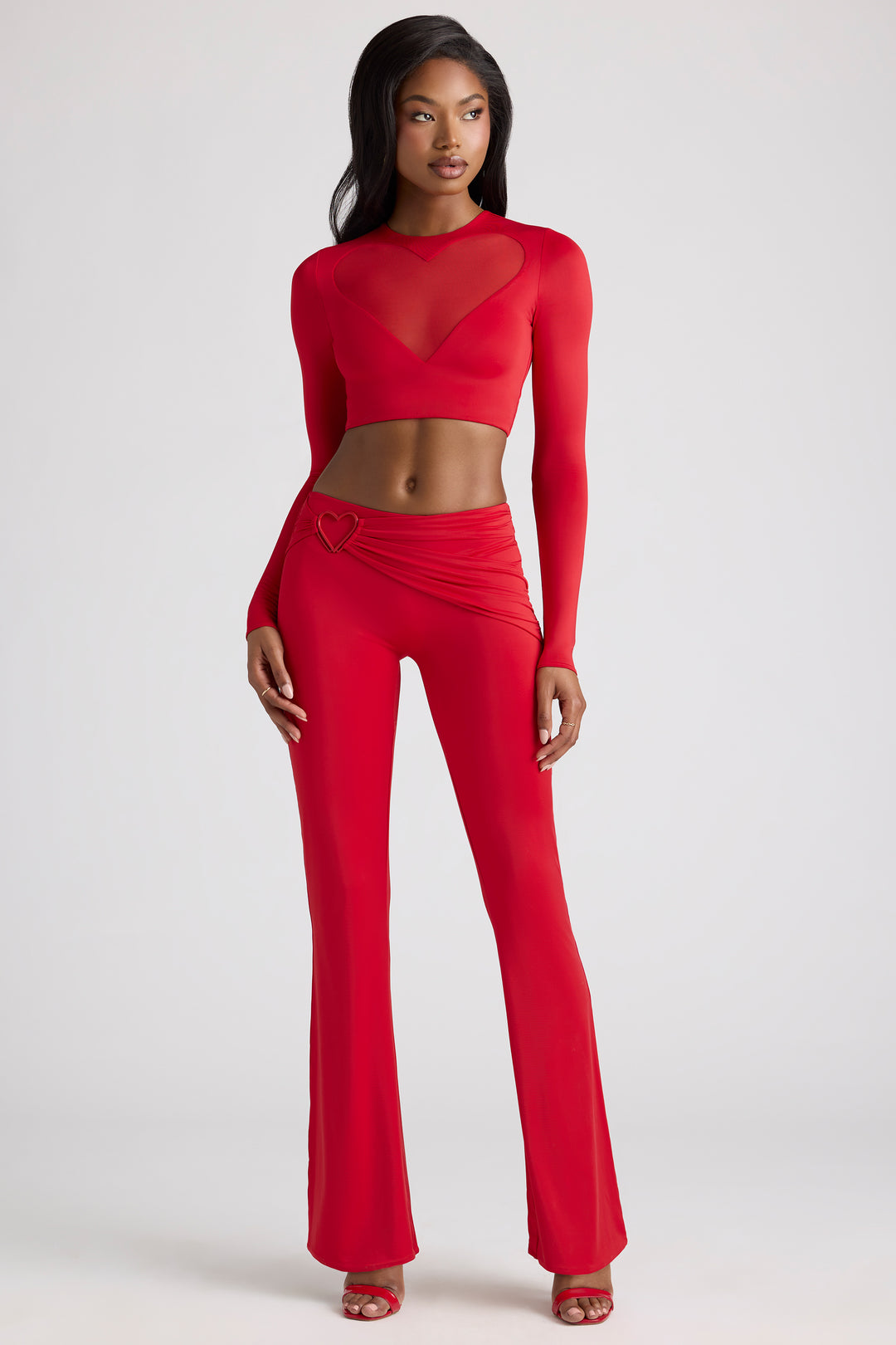 Solea Sheer Panelled Long Sleeve Crop Top In Fire Red Oh Polly 1201