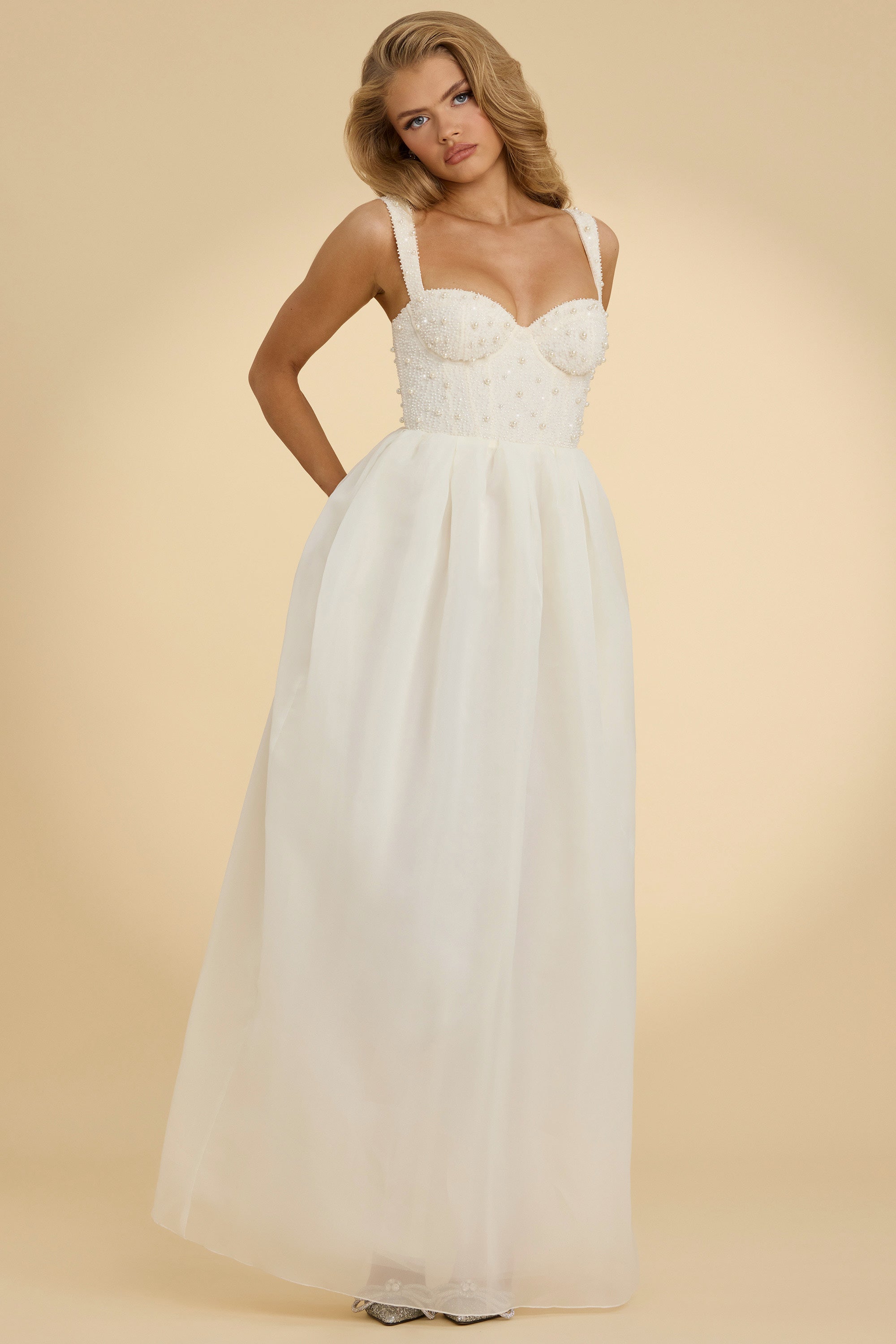 Corset Organza Maxi Dress in White