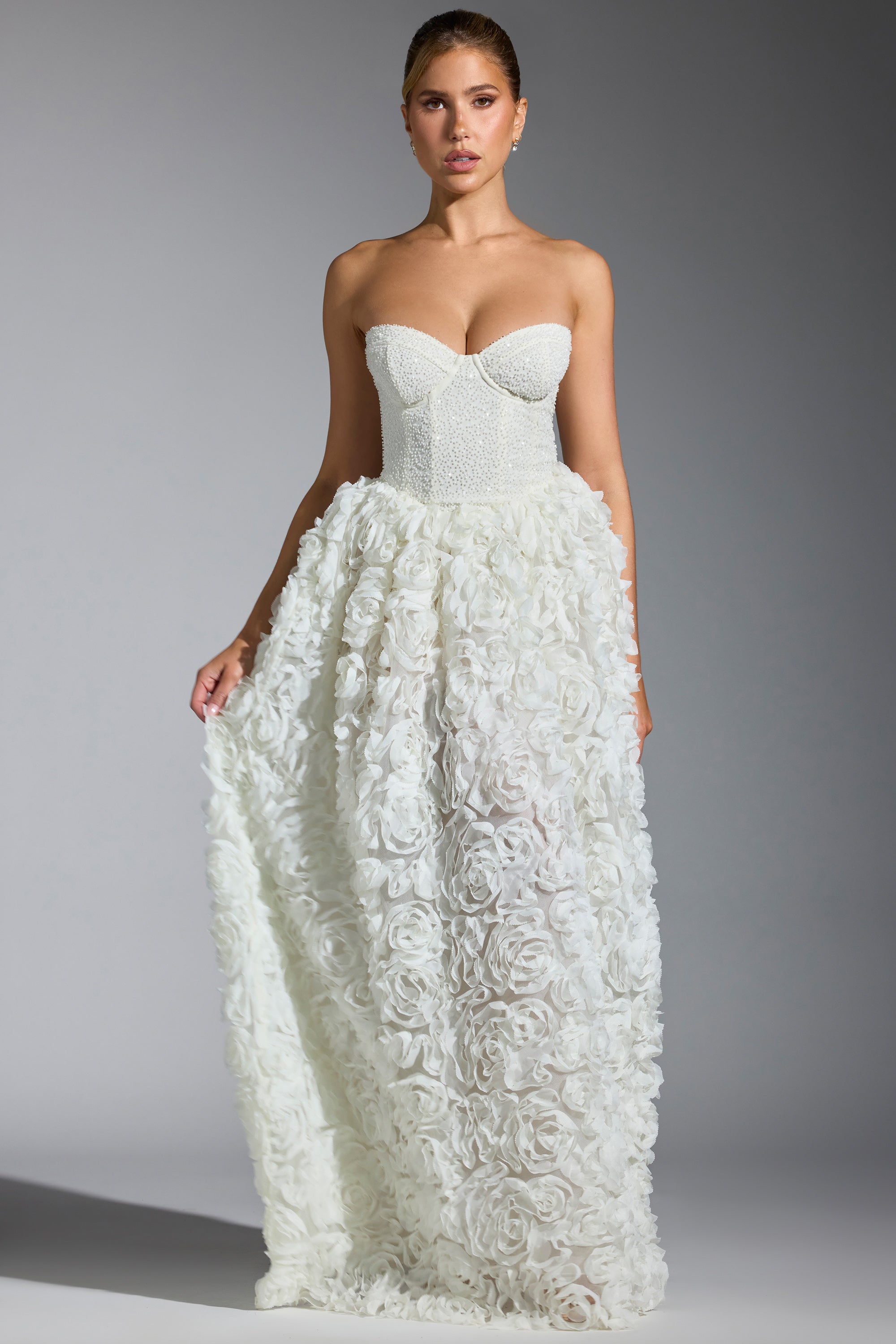 Camellia Embellished Floral Appliqu Corset Gown in White Oh Polly