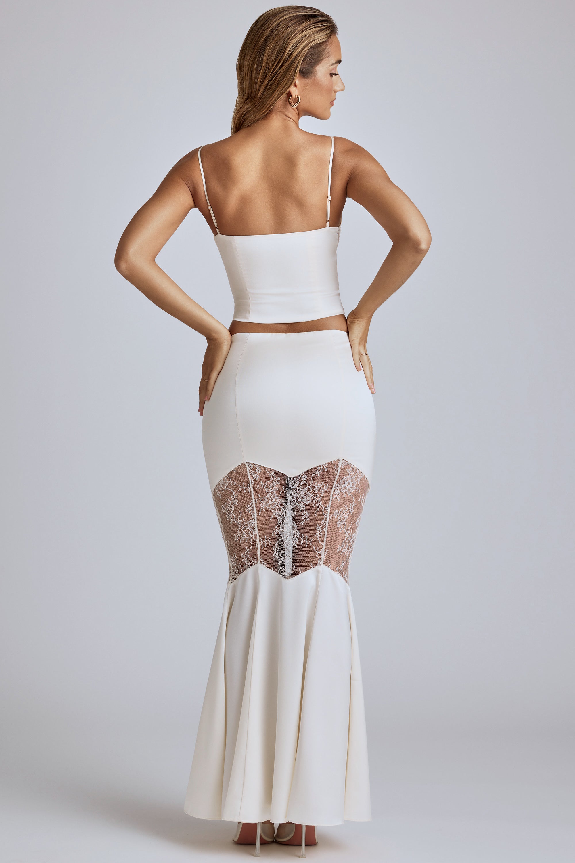 Sofie Lace Panel Fishtail Gown Skirt in Ivory | Oh Polly