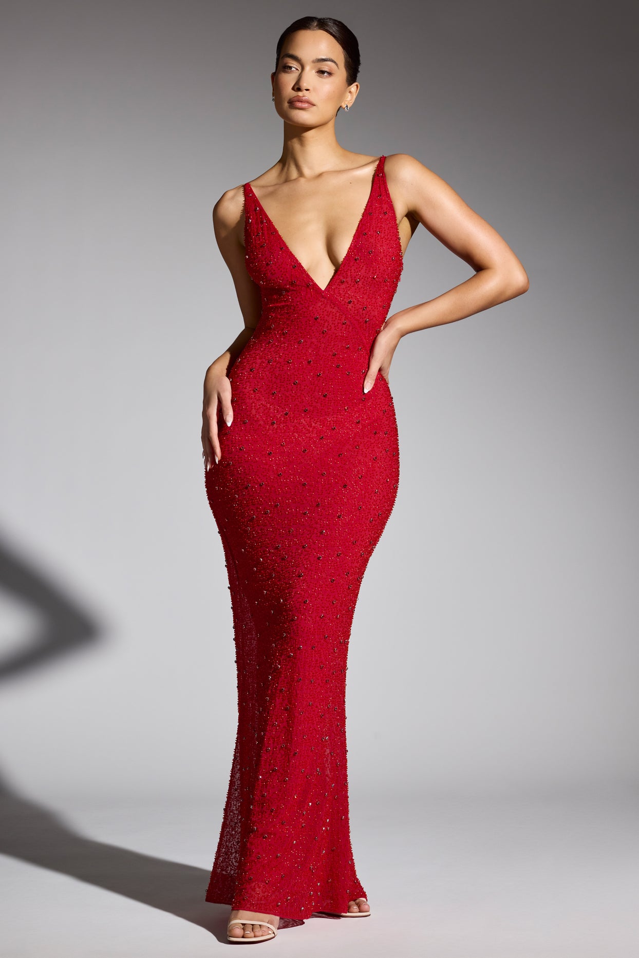 Colmar Embellished Plunge Neck Evening Gown in Red | Oh Polly