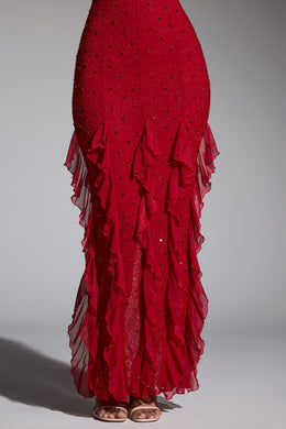 Zdobiona sukienka maxi z dekoltem typu halter i falbaną w kolorze czerwonym