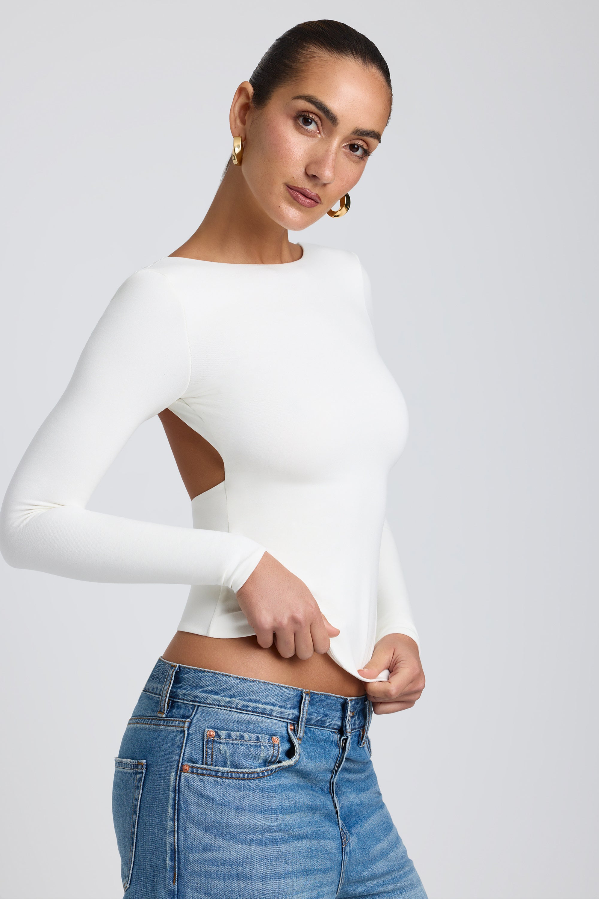 Elli Modal High Neck Long Sleeve Open Back Top in White Oh Polly