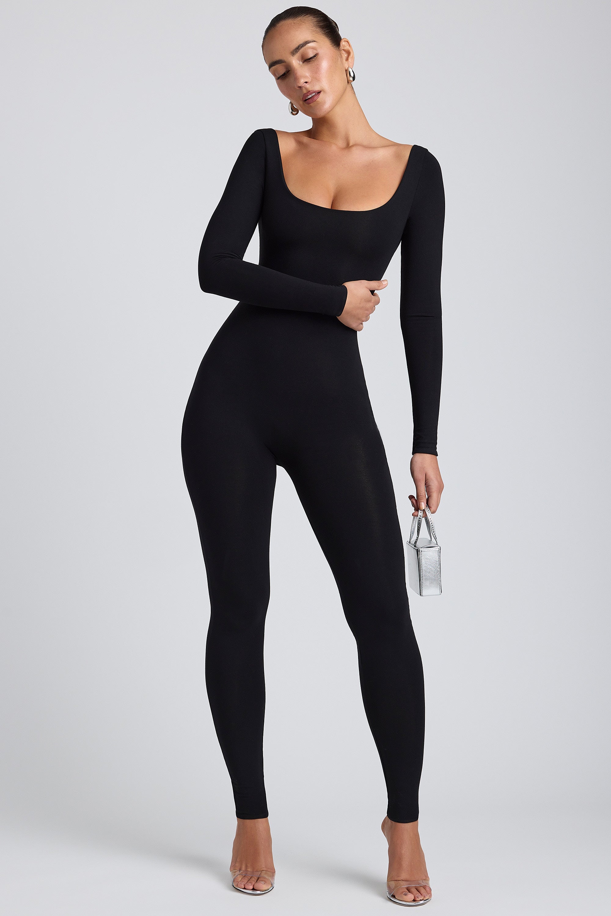 Modal Scoop-Neck Cross-Back Jumpsuit in Black