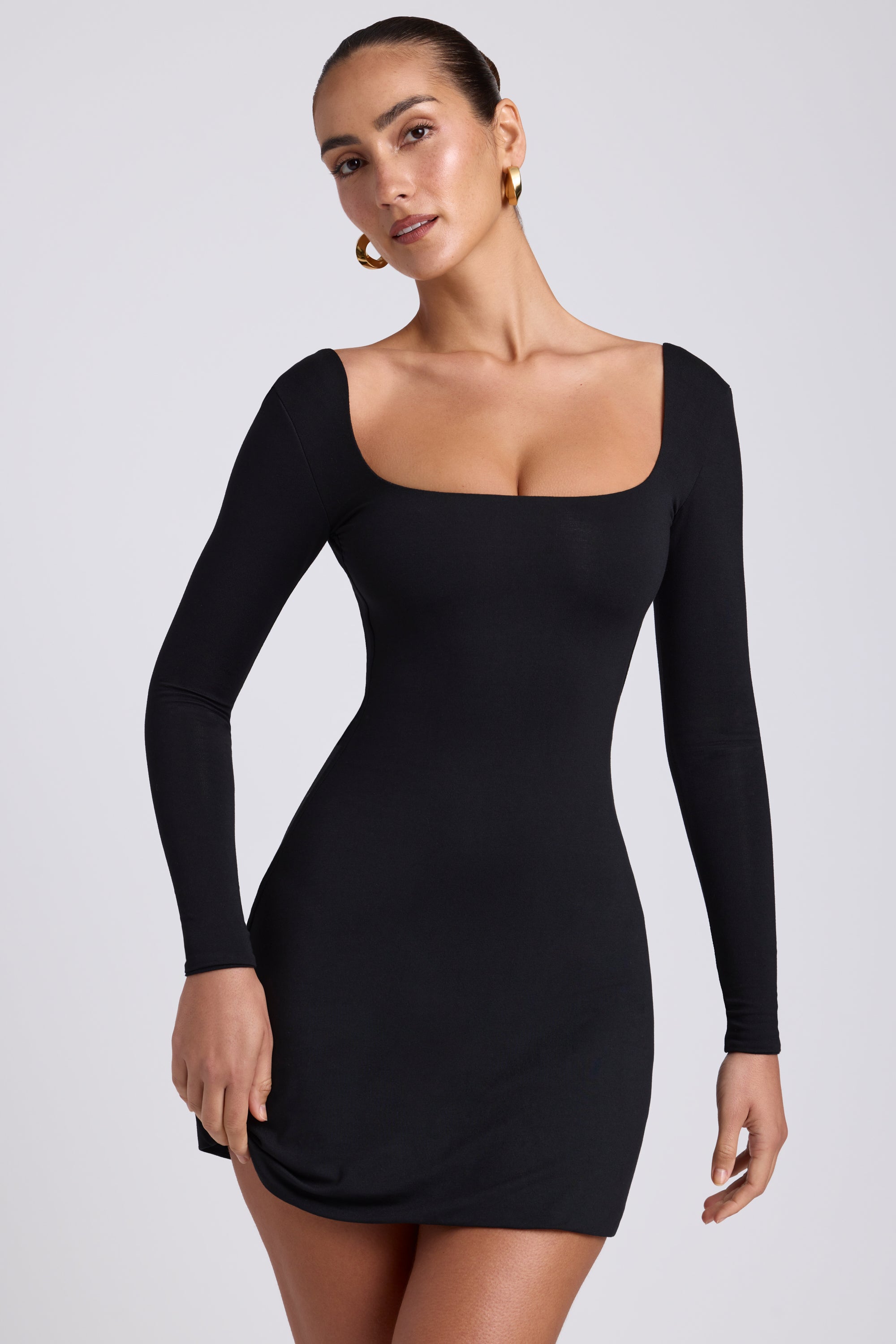 Black square neck top long sleeve dress