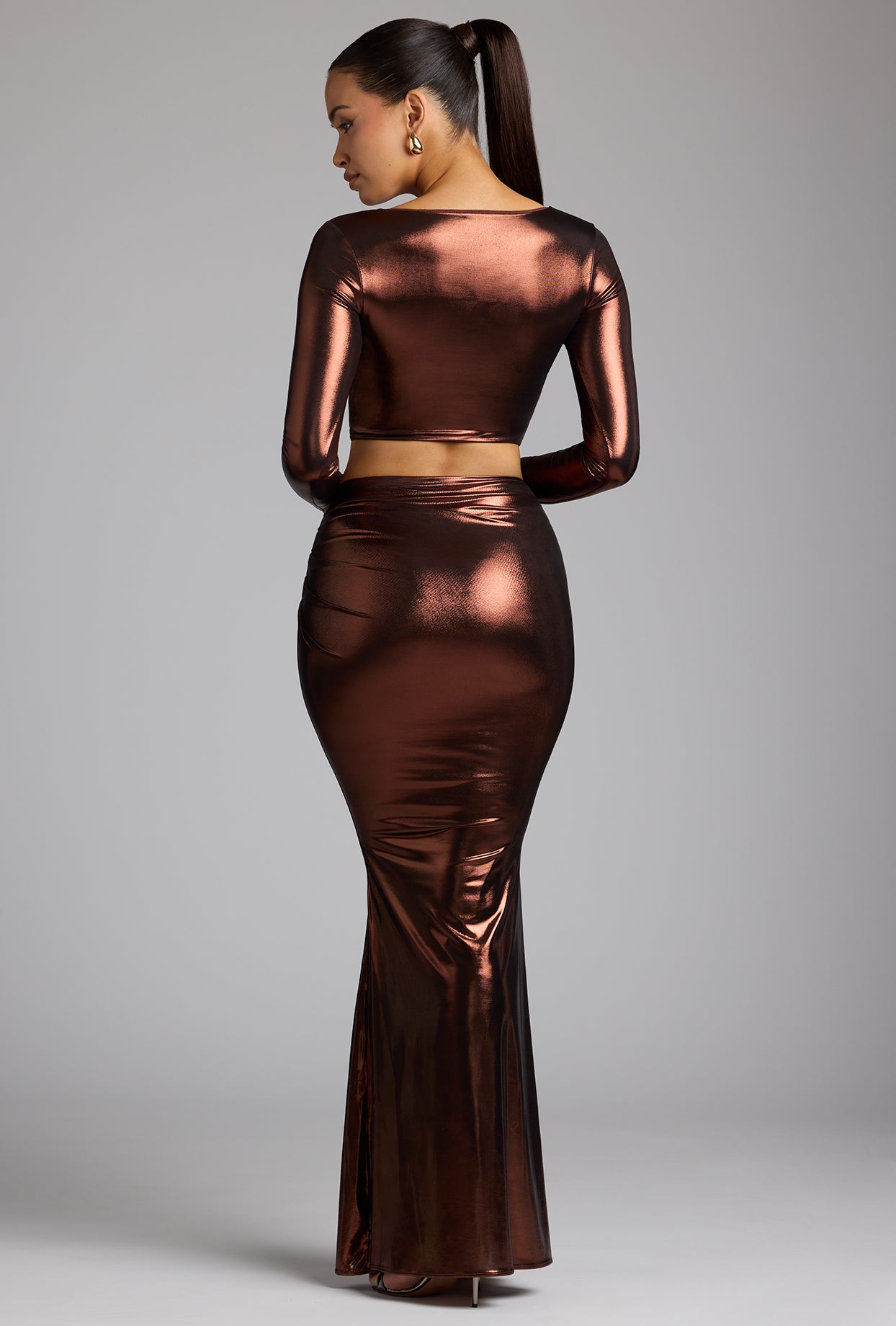 Jupe robe en jersey métallisé taille moyenne en bronze cuivré