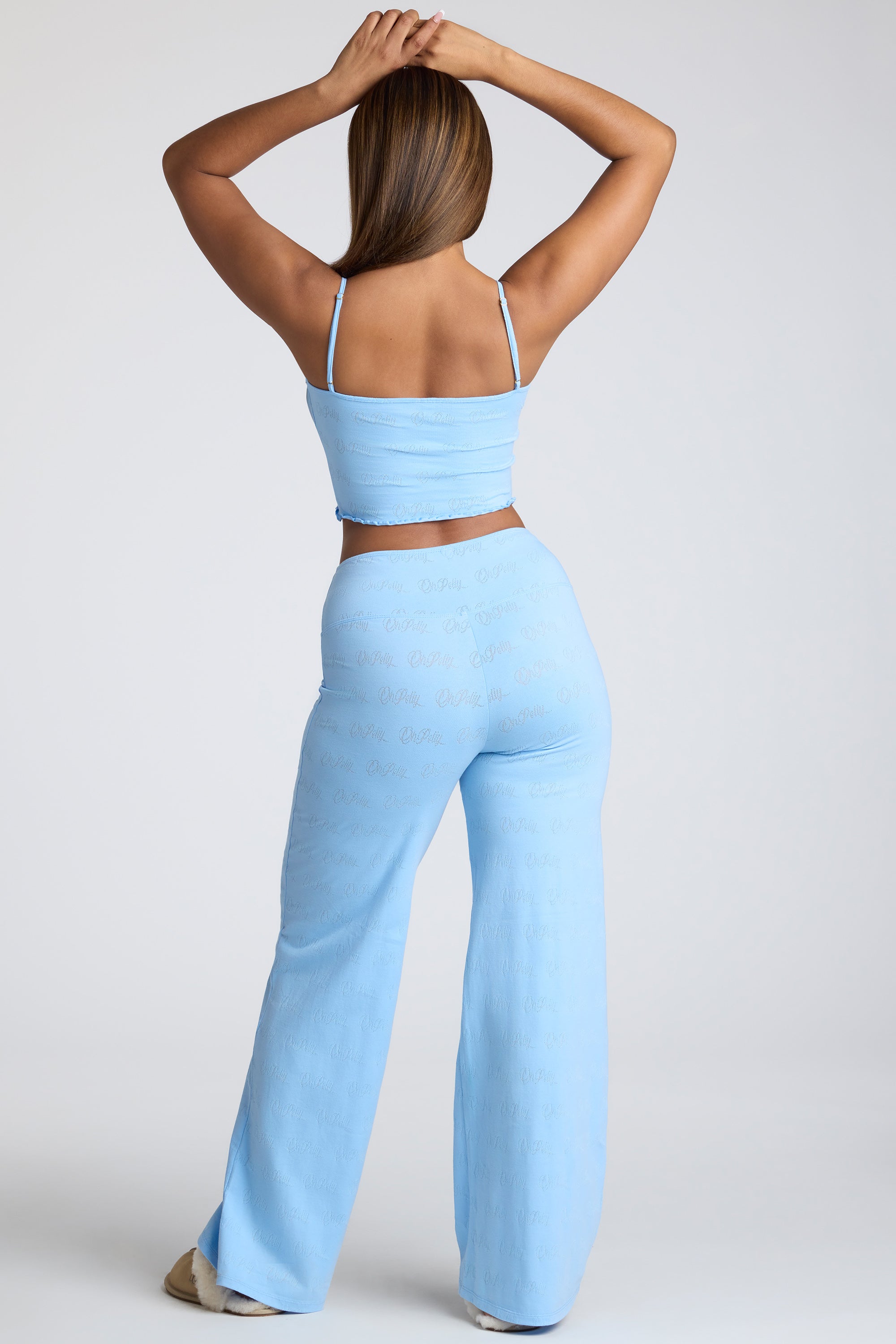 Petite Mid Rise Straight Leg Pointelle Trousers in Baby Blue