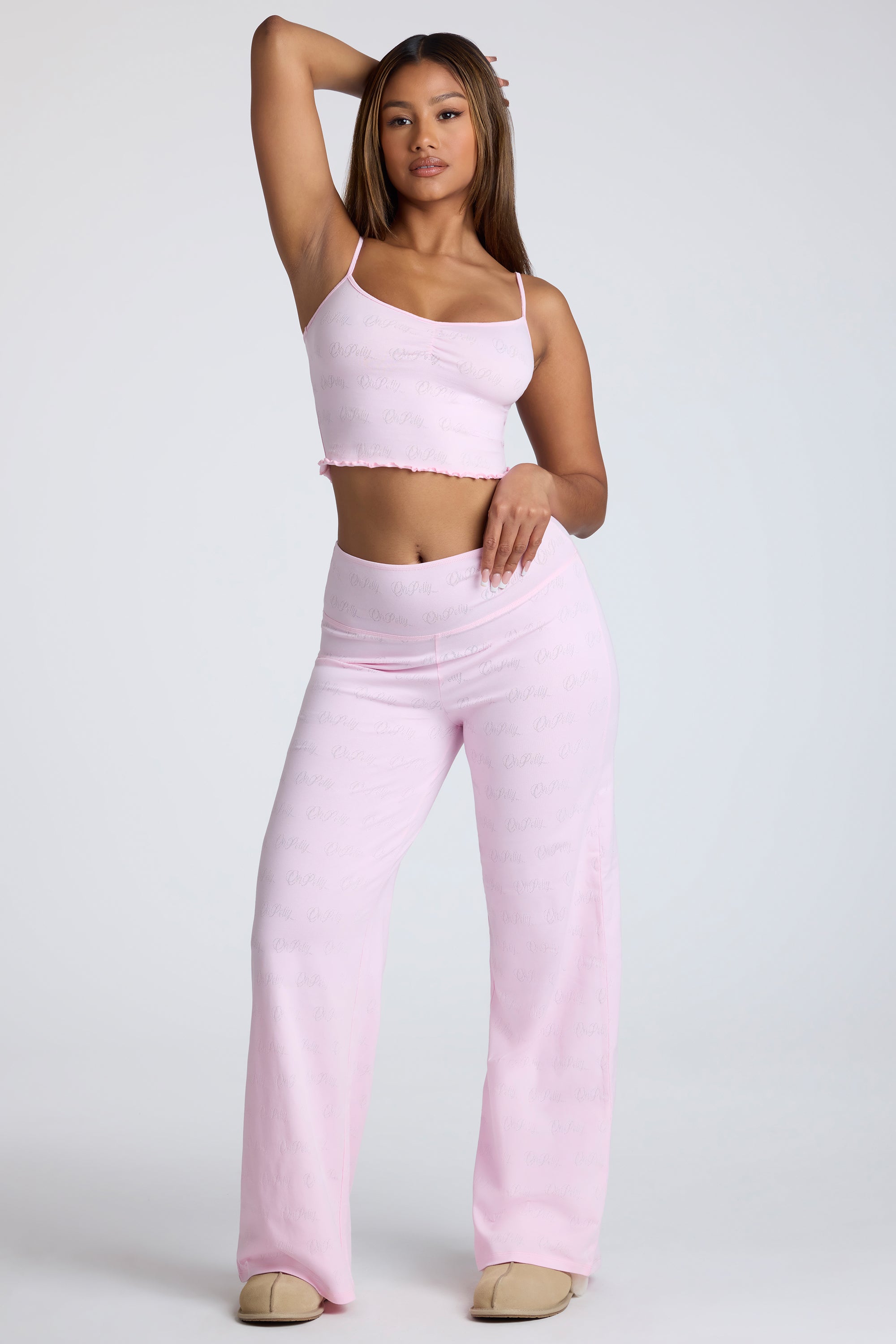 Petite Mid Rise Straight Leg Pointelle Trousers in Baby Pink