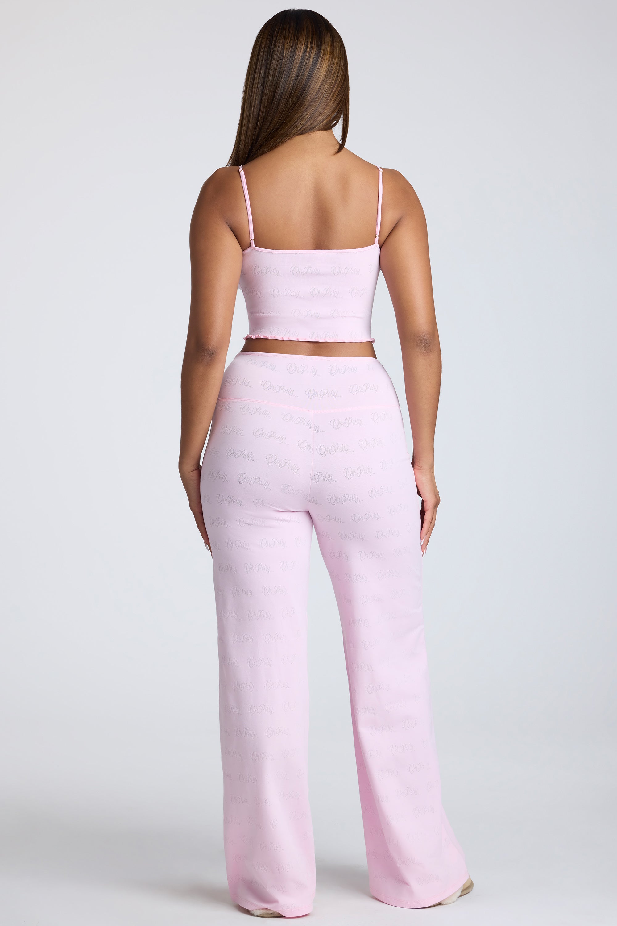 Petite Mid Rise Straight Leg Pointelle Trousers in Baby Pink