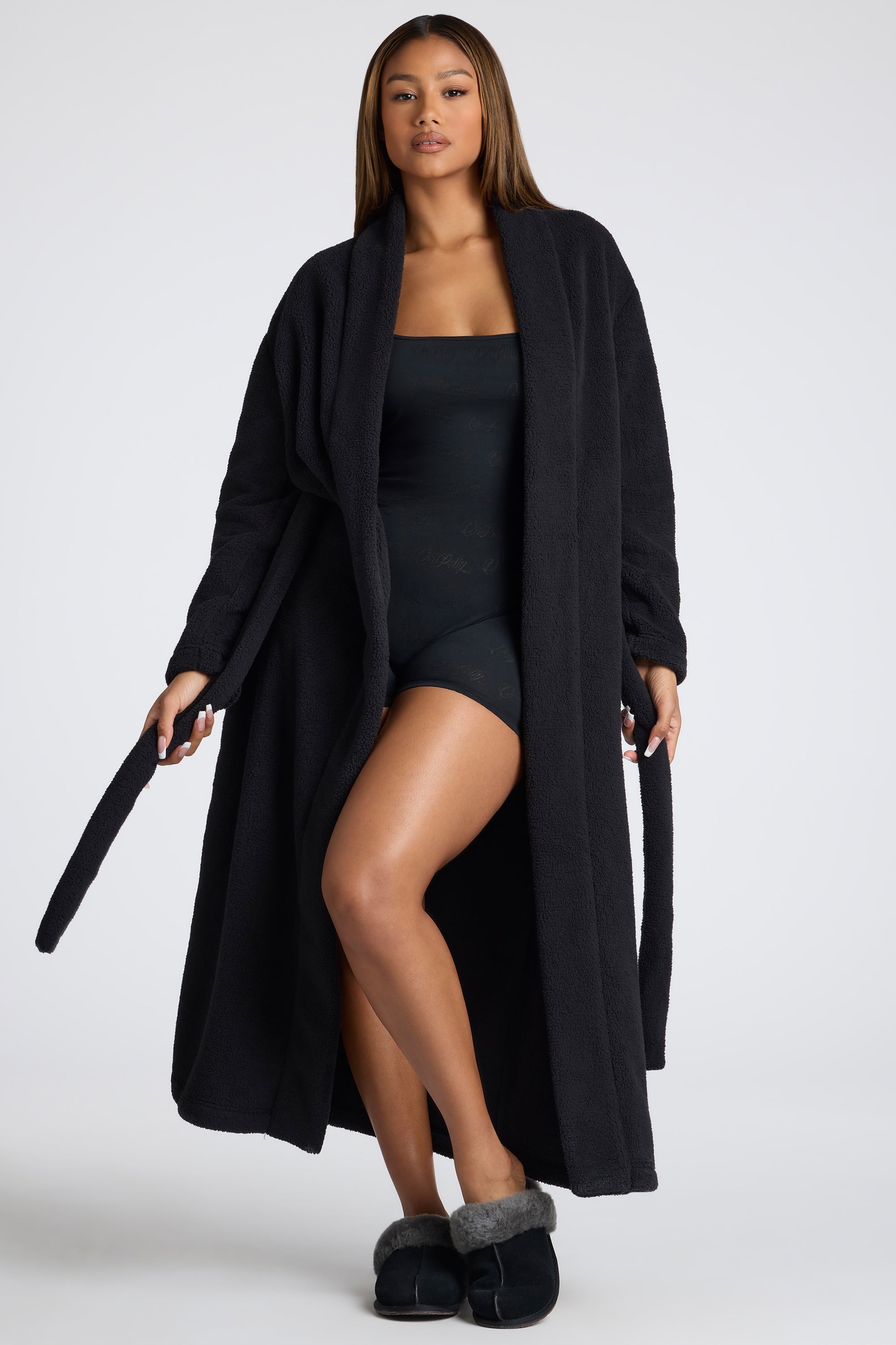 Loungewear Tie Front Fleece Robe in Black Oh Polly