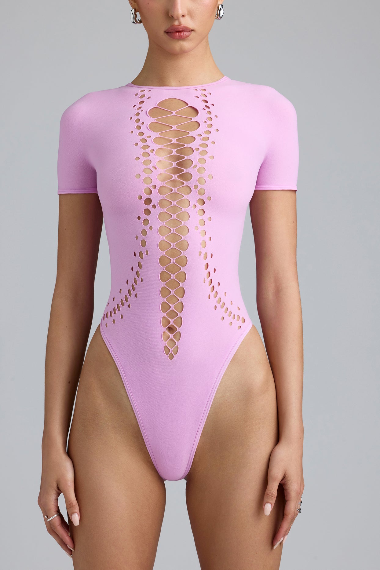 Raine Embellished Lace-Up Bodysuit in Violet Pink