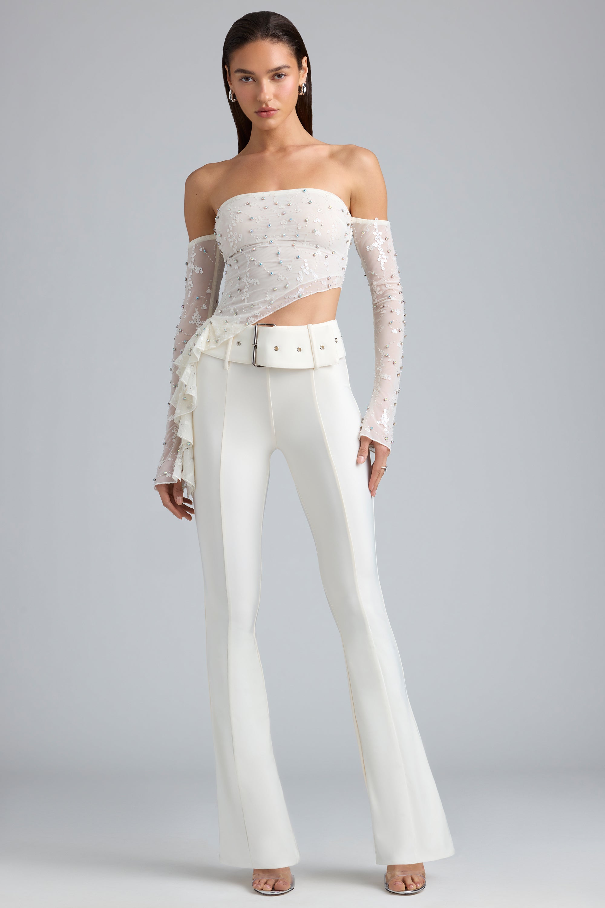 Petite Metallic Belted Mid-Rise Flared Trousers in Ivory