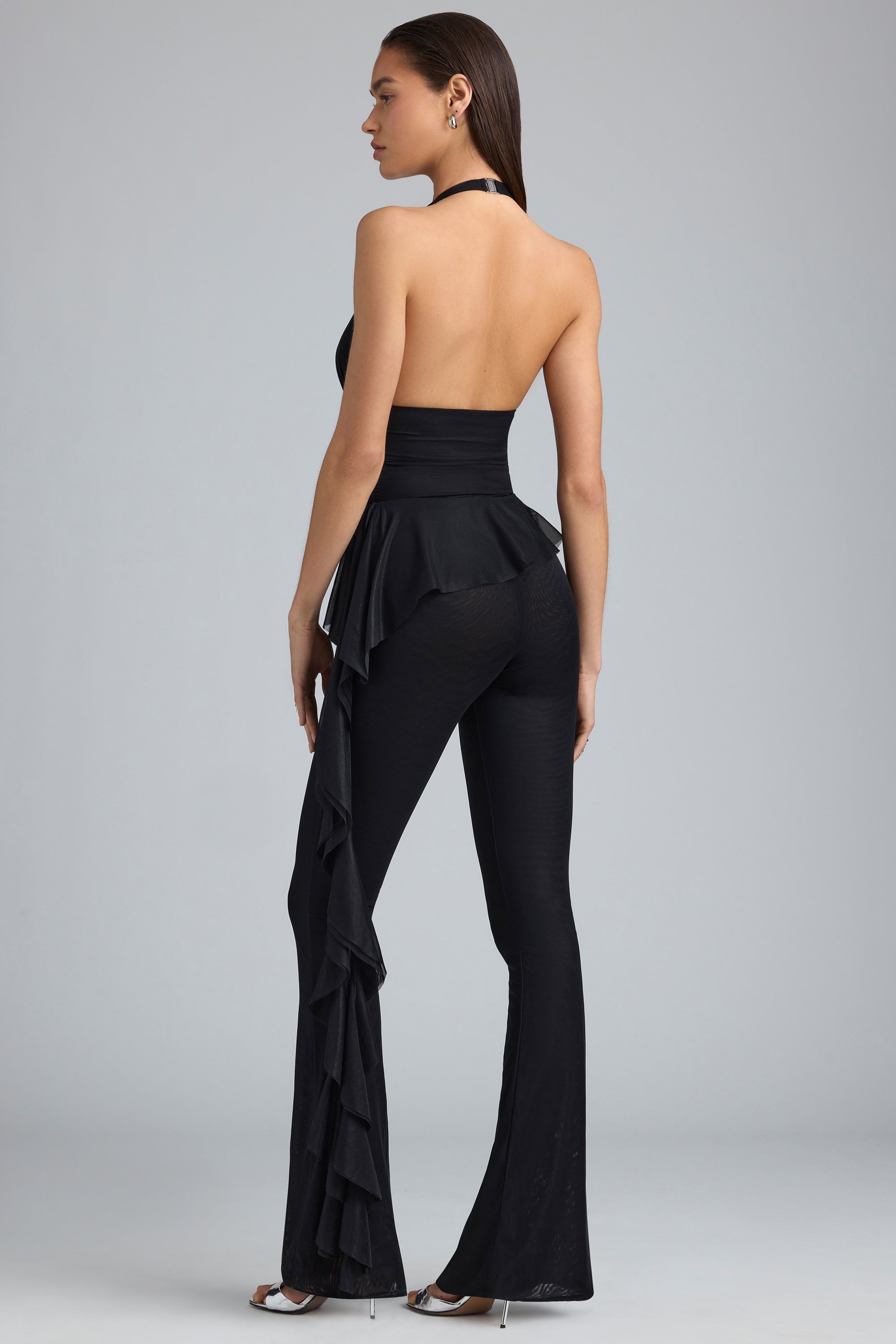 Petite Metallic Ruffle Low-Rise Flared Trousers in Black