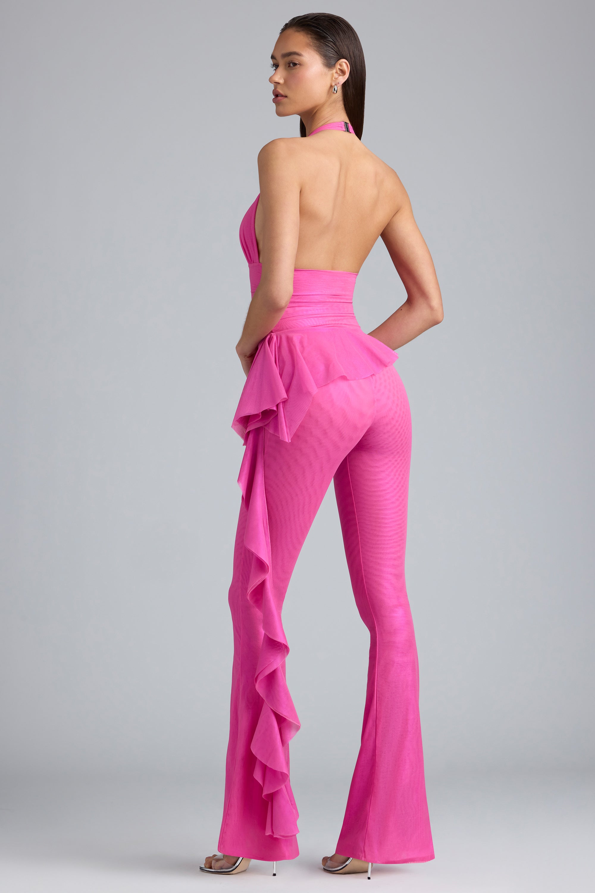 Petite - Pantalon évasé taille basse à volants métallisés en rose bubblegum