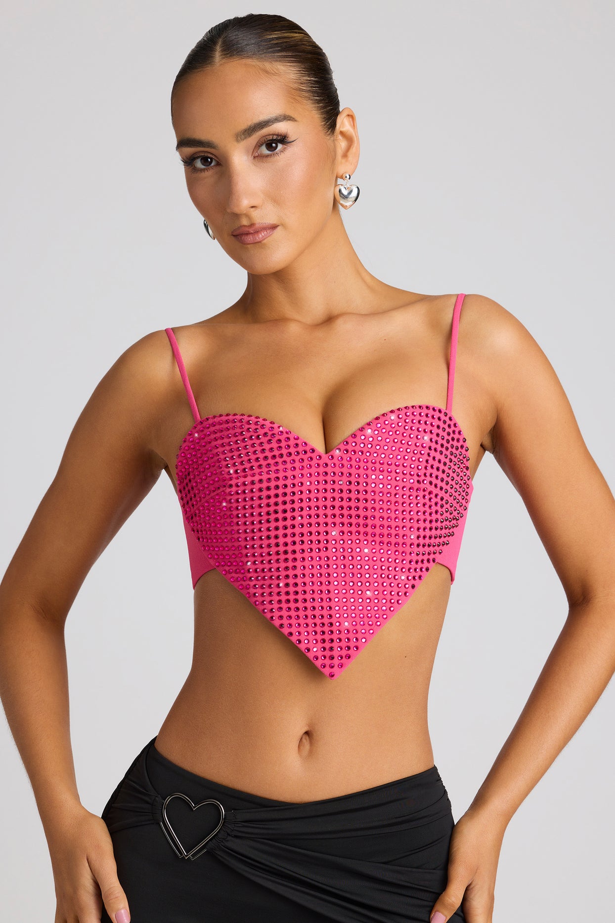 Embellished Heart Detail Crop Top in Magenta