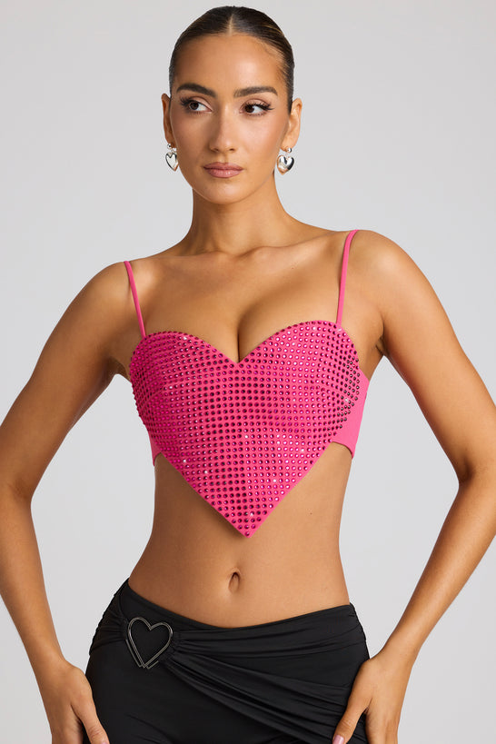 Embellished Heart Detail Crop Top in Magenta