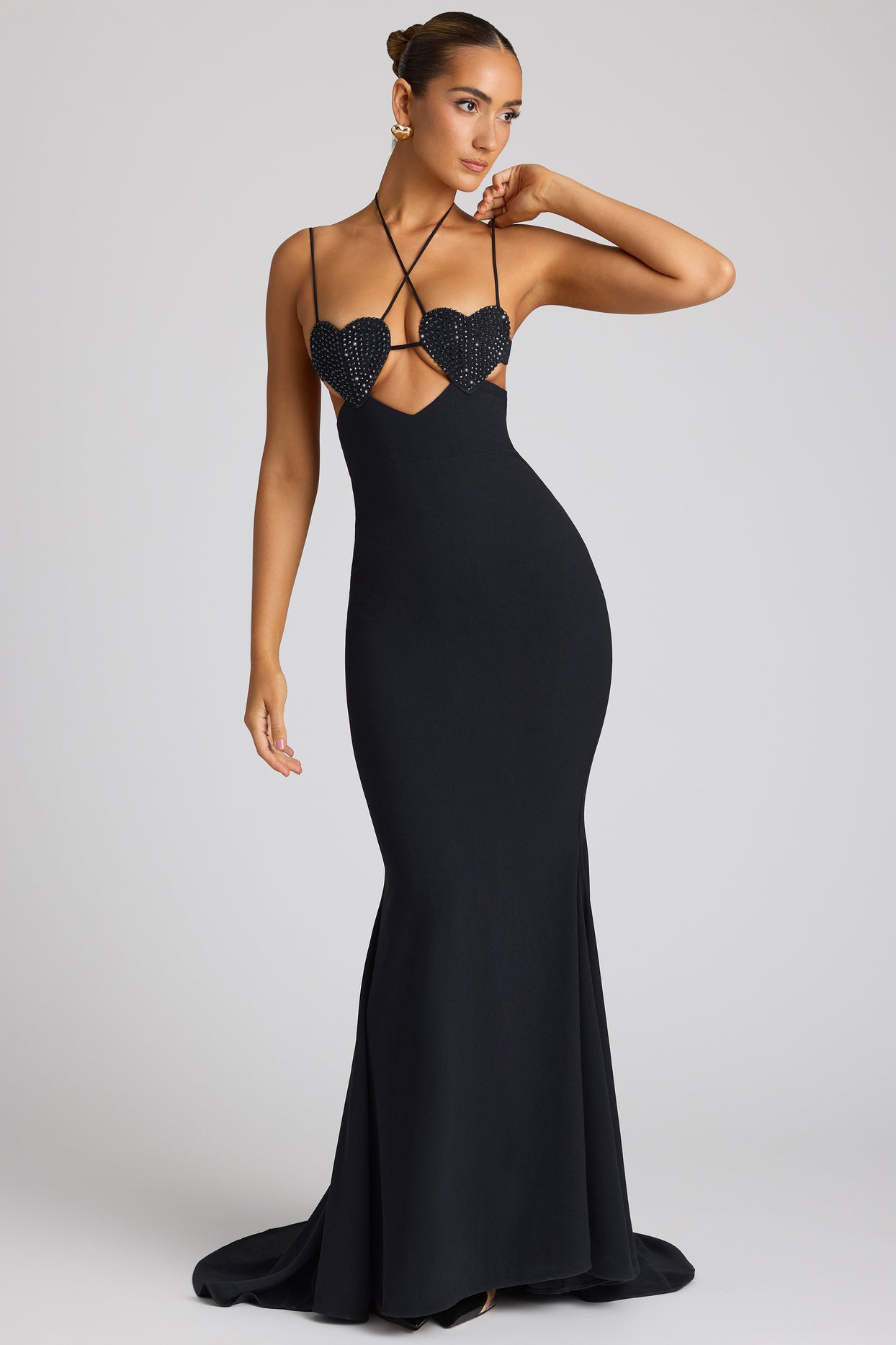 Serena Embellished Heart Cup Detail Evening Gown in Black | Oh Polly