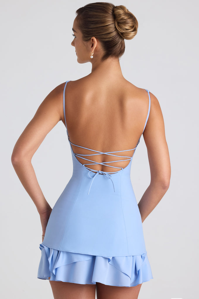 Mini-robe corset à volants et boutons, bleu ciel