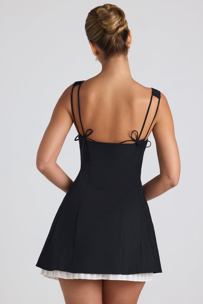Mini-robe trapèze plissée avec nœud, noir