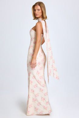 Scarf-Detail Strapless Gown in Large Rose Print