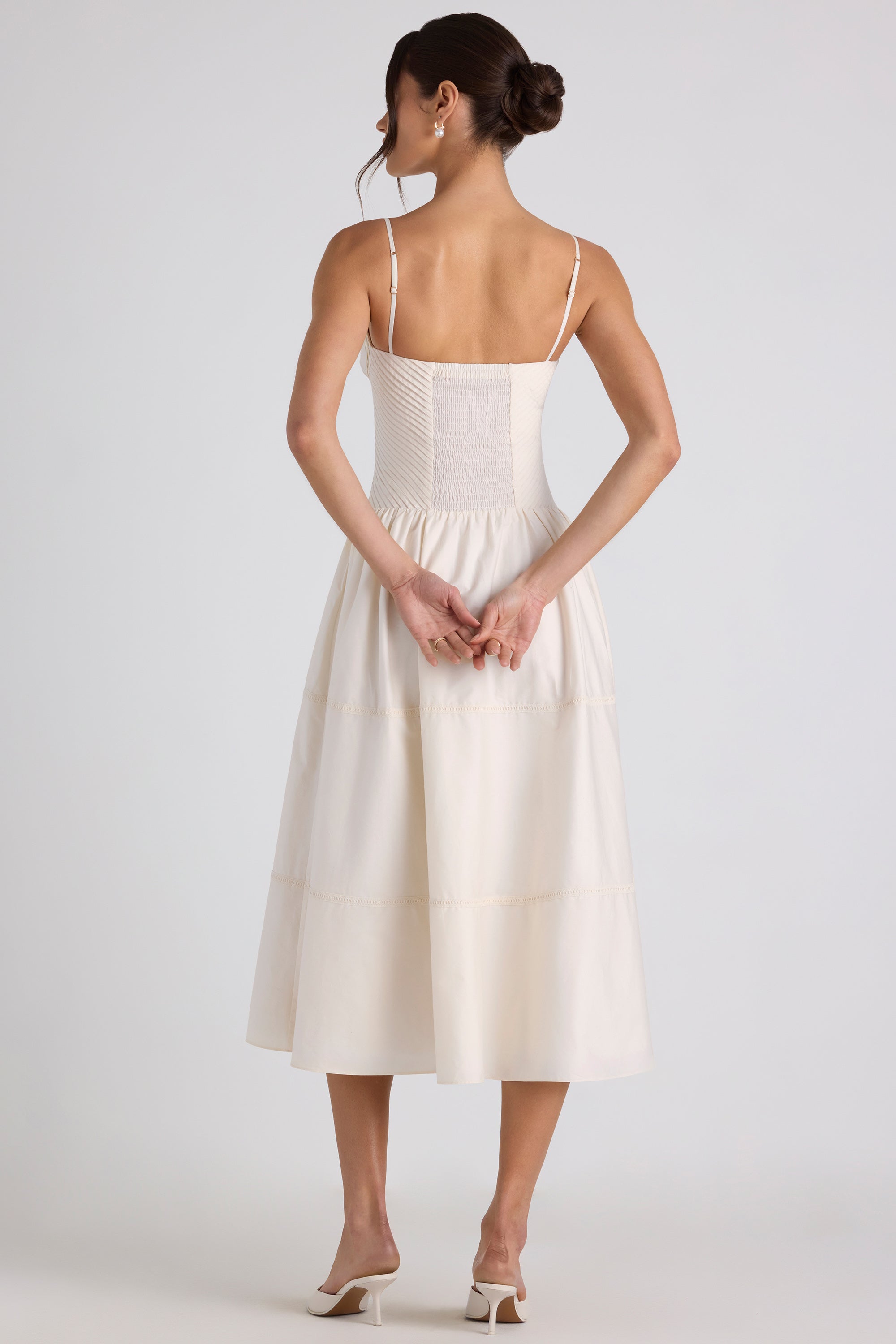 Lace-Trim Pintucked Poplin Midaxi Dress in Ivory