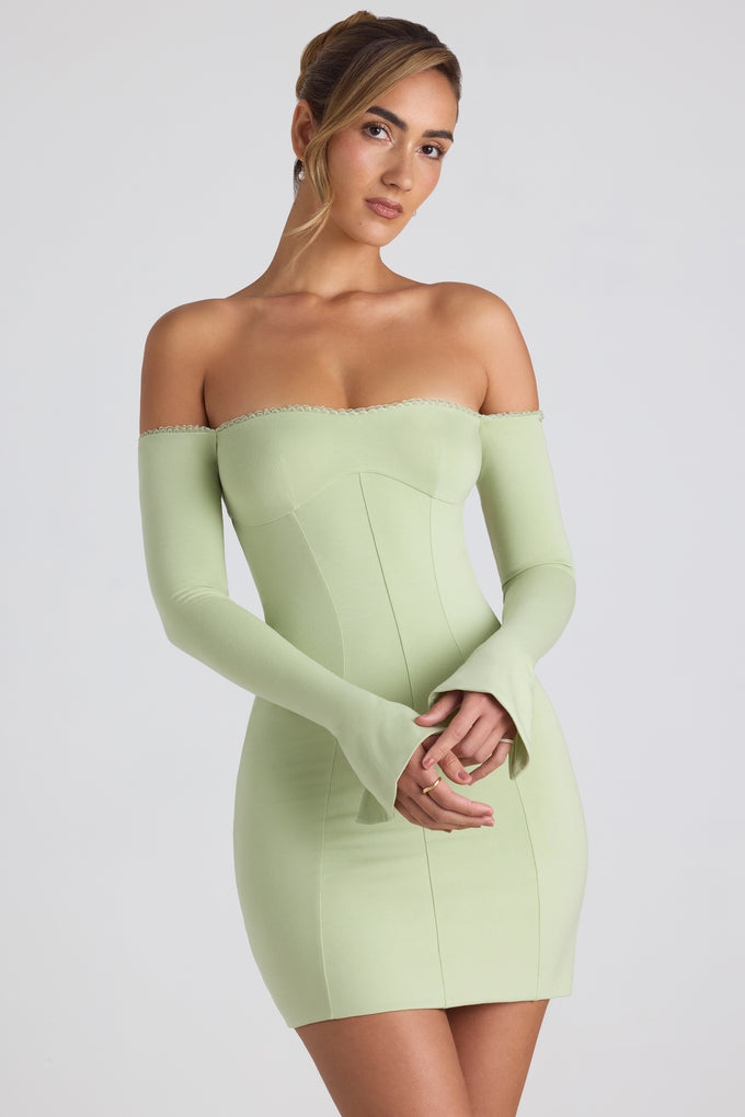 Mini-robe en modal à épaules dénudées et bordure en dentelle, vert printemps