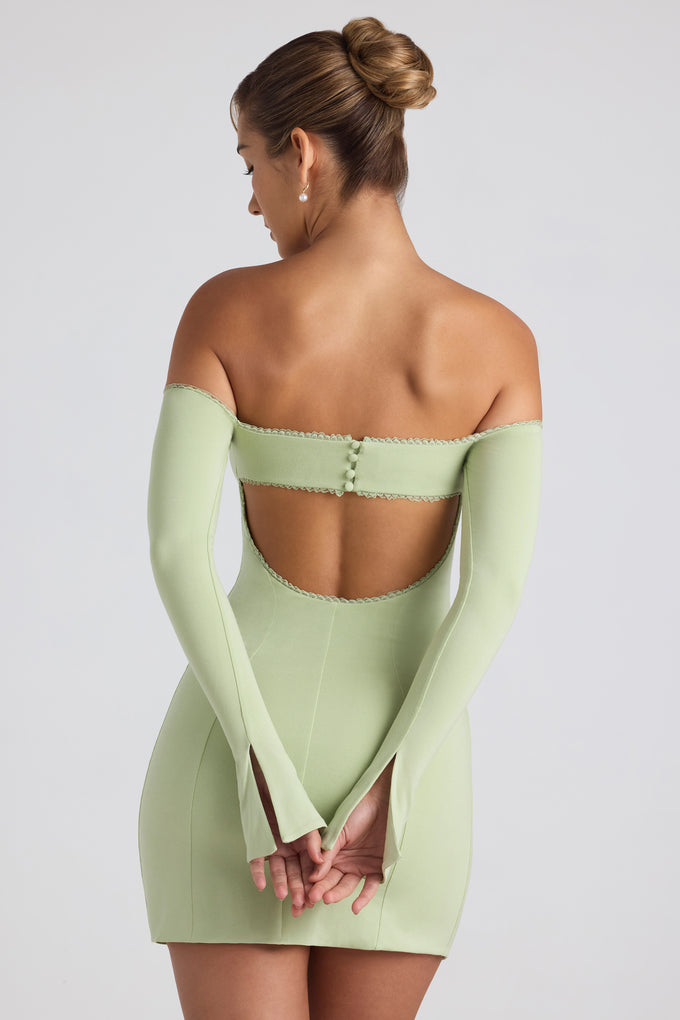 Mini-robe en modal à épaules dénudées et bordure en dentelle, vert printemps