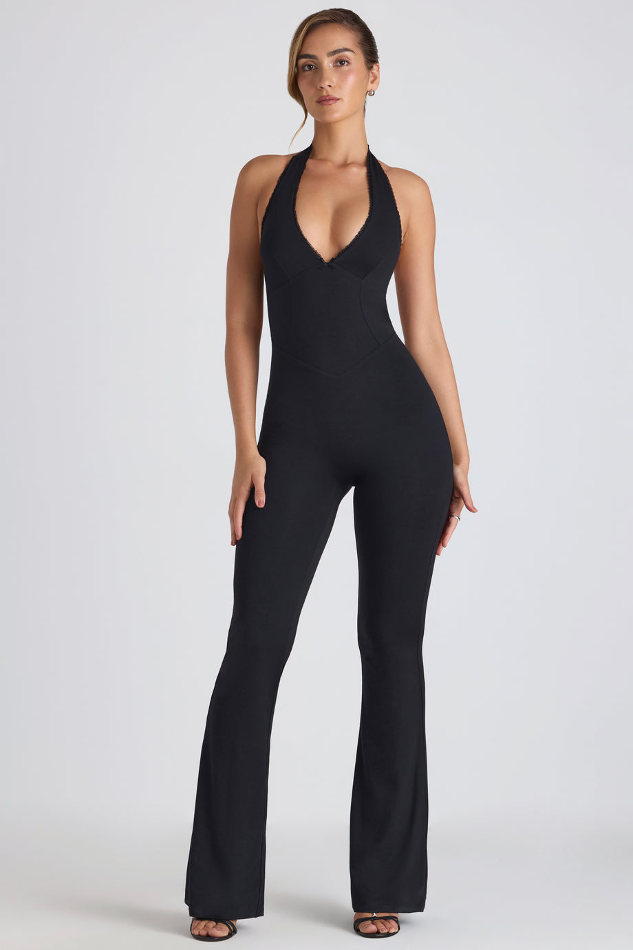 Modal Lace-Trim Cut-Out Flared Jumpsuit in Black