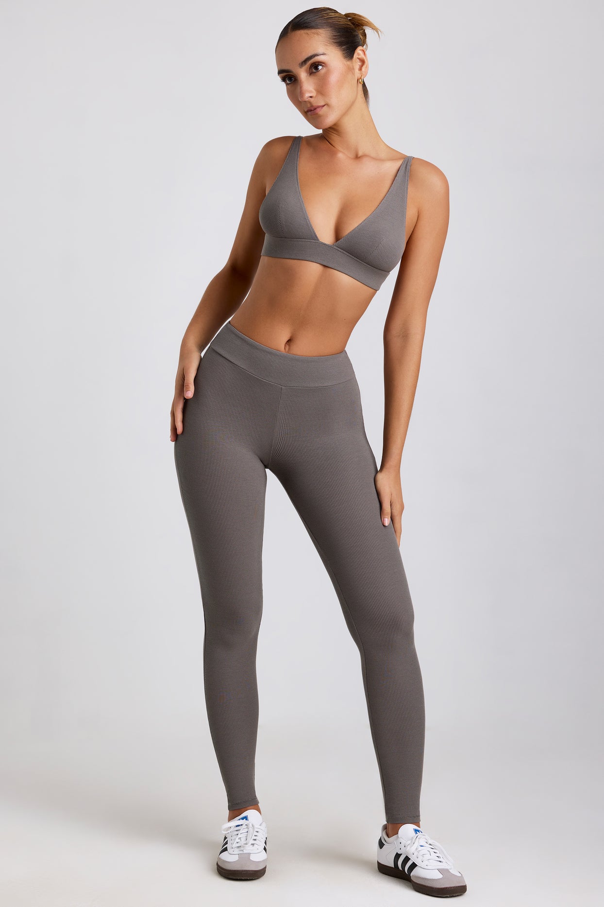 Legging taille haute en modal côtelé, gris