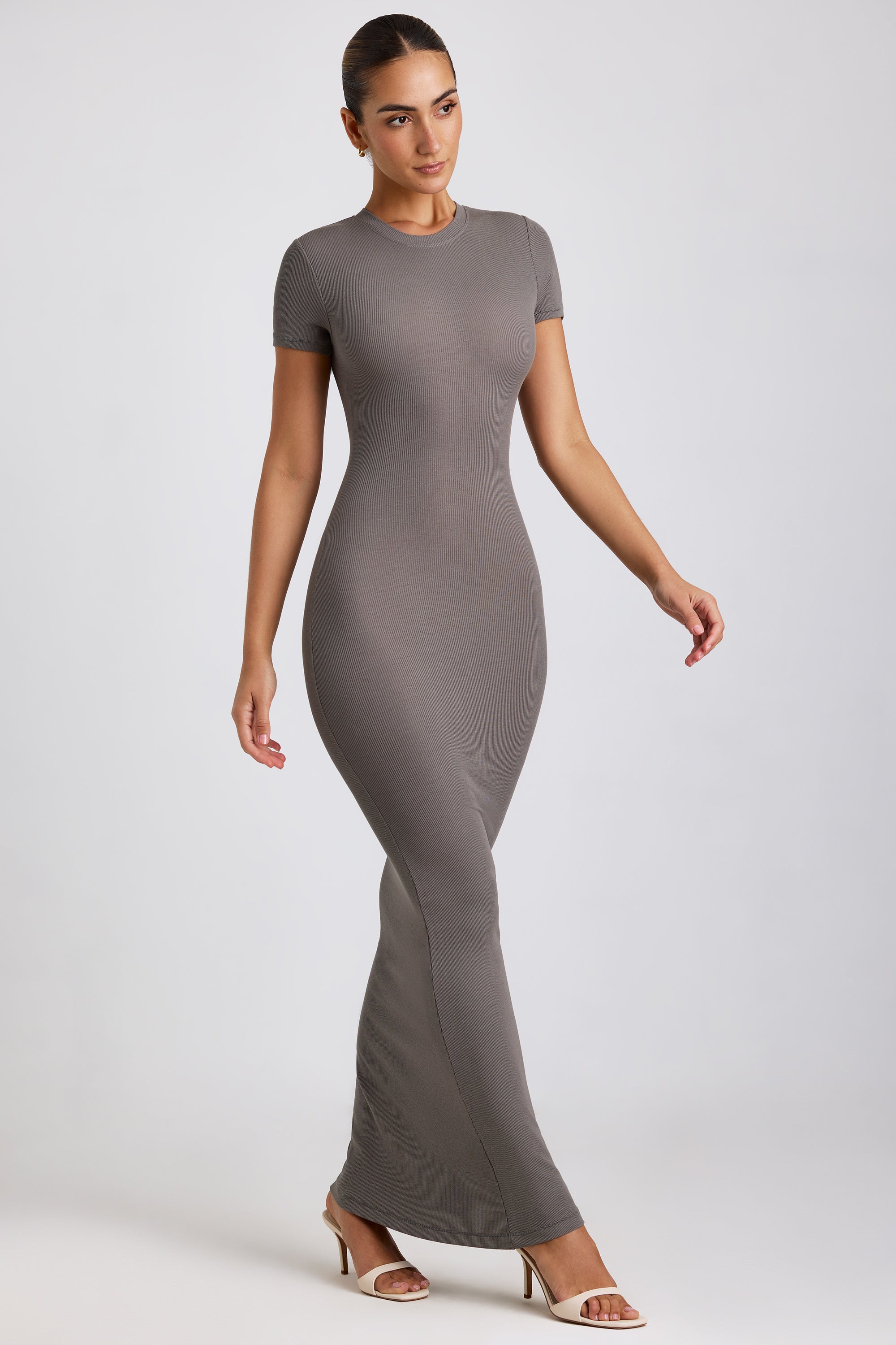 Robe longue en modal côtelé en gris