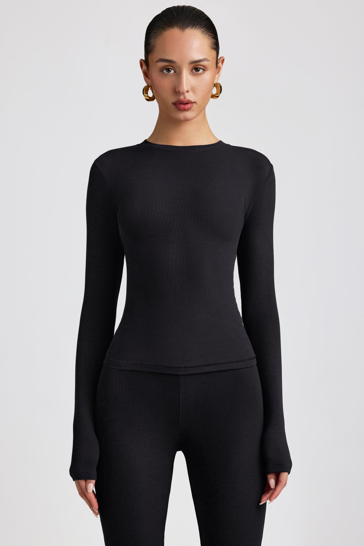Clio Ribbed Modal Long Sleeve Crew Neck Top in Black | Oh Polly